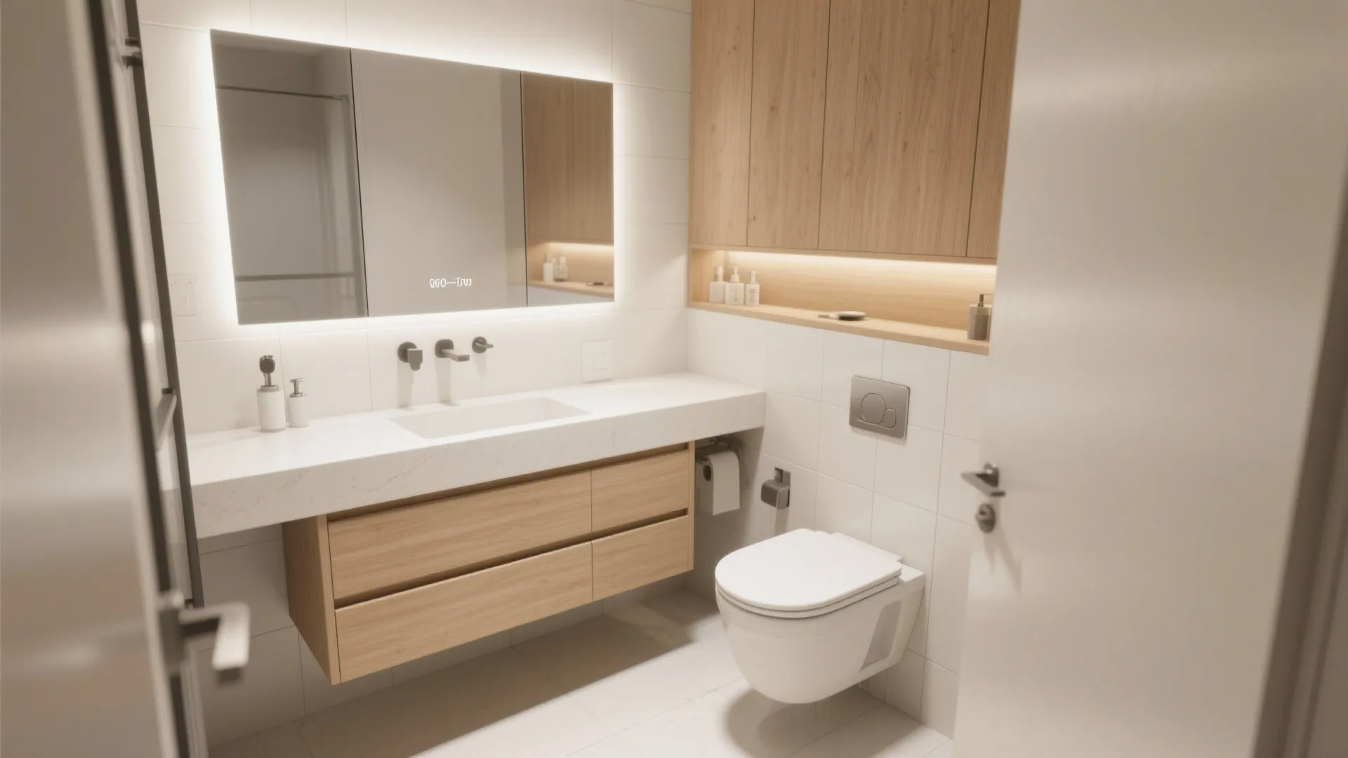 Compact vanity + wall-hung toilet for legroom