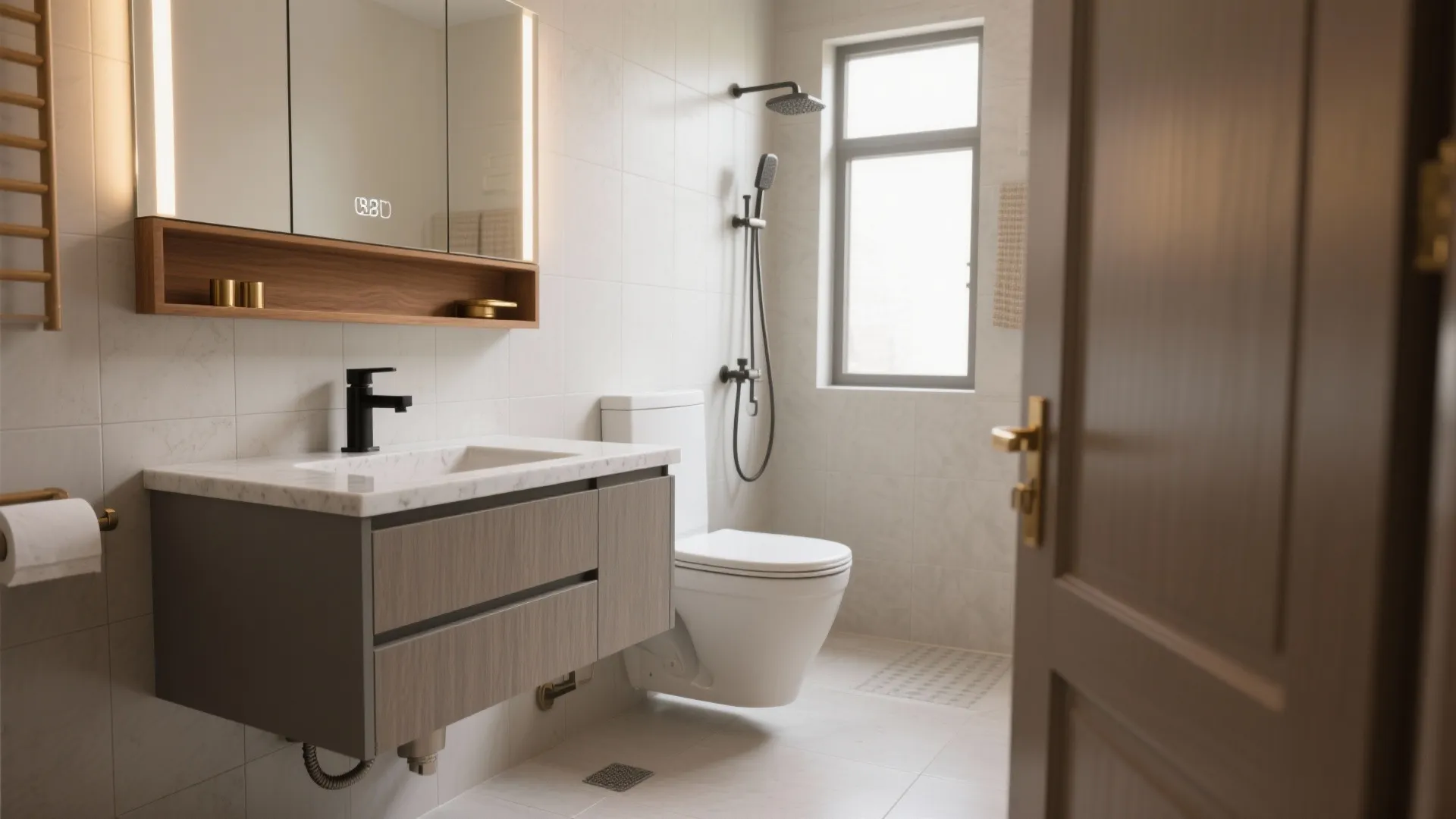 Floating vanity + wall-hung WC to free the floor