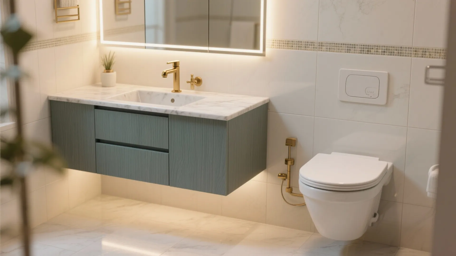 Floating vanity with wall-hung WC