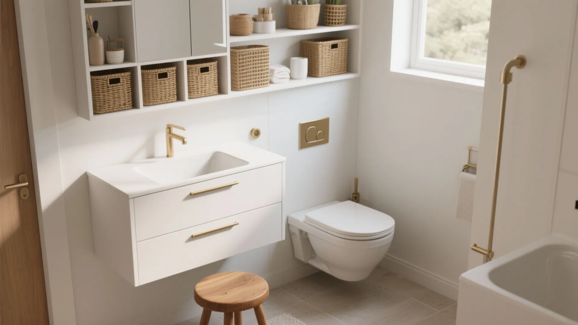 2. Floating vanity in matte white with gold hardware
