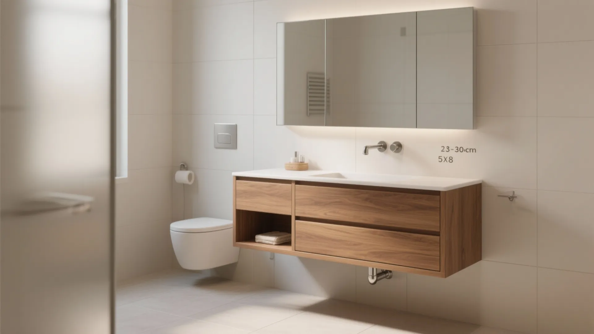 Modern bathroom featuring a wood floating cabinet with white sink large mirror and white wall