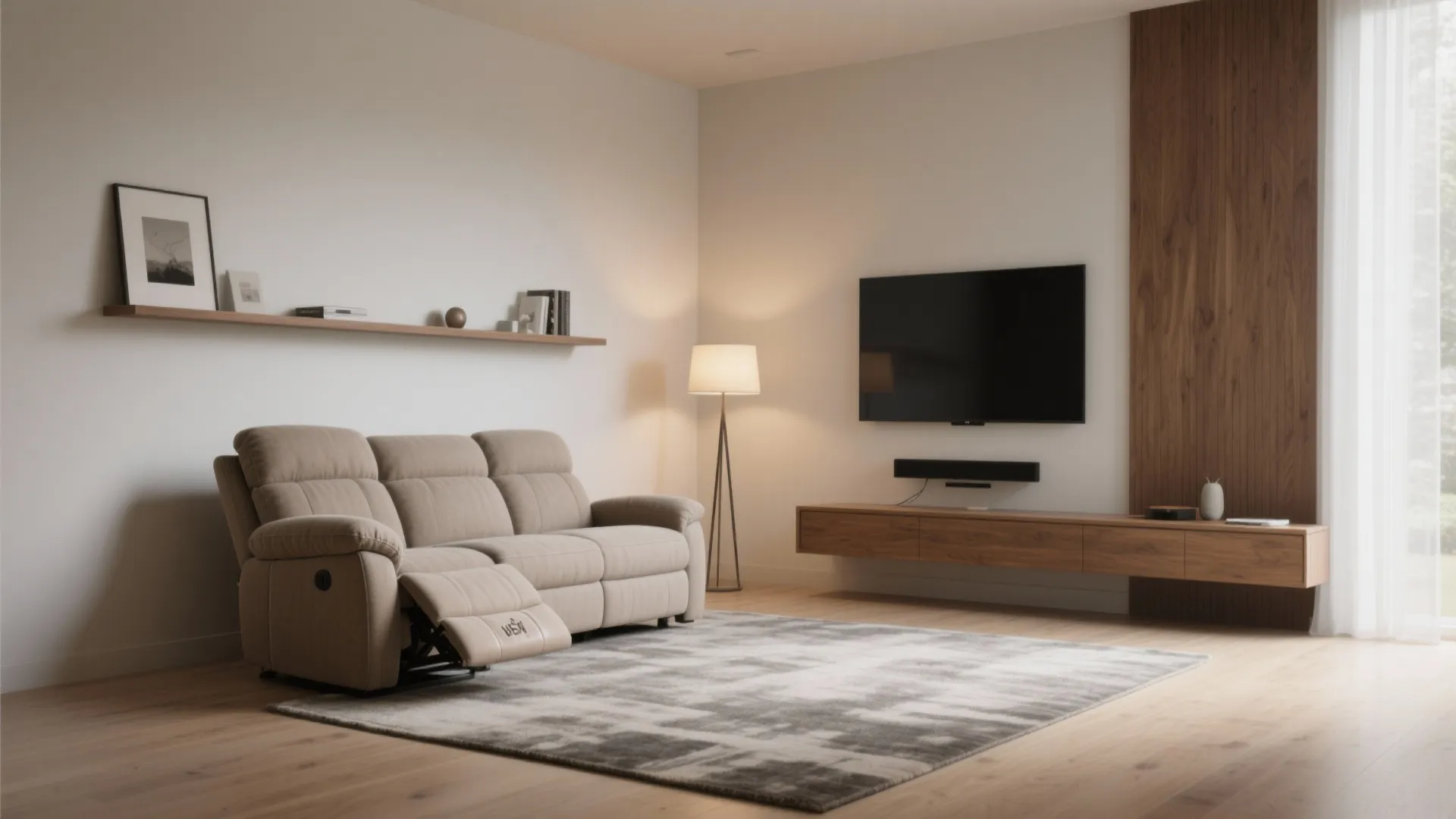 Minimalist living room featuring a reclining sofa wall mounted tv cabinet and large grey rug