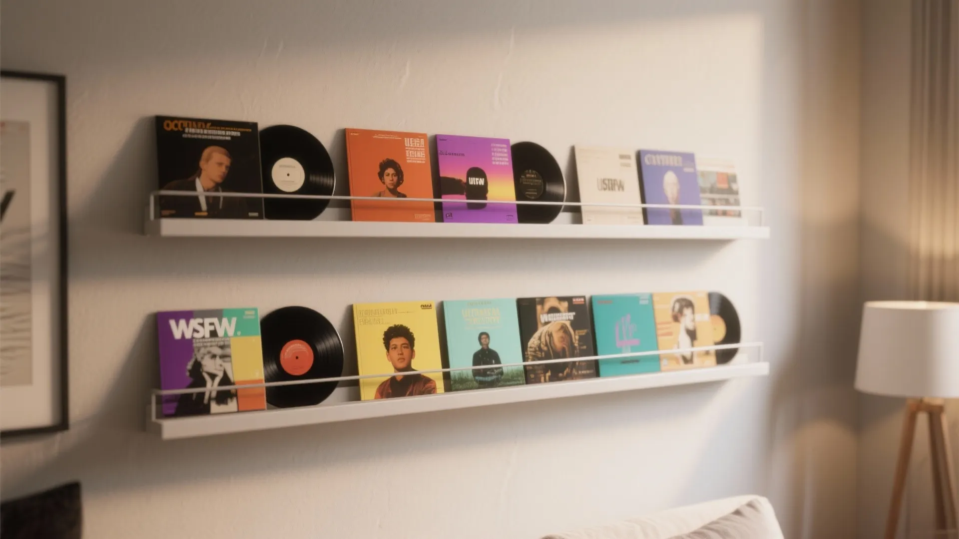 Slim floating shelves lined with colorful vinyl records on a neutral wall