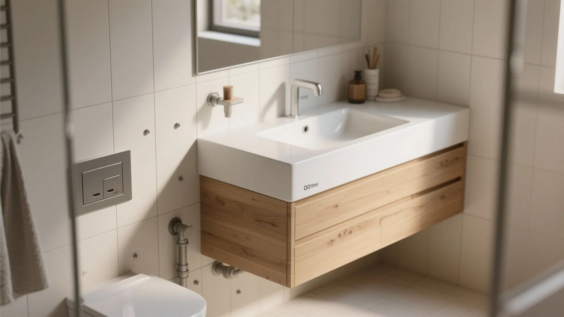 1. Floating white oak vanity for visual lightness