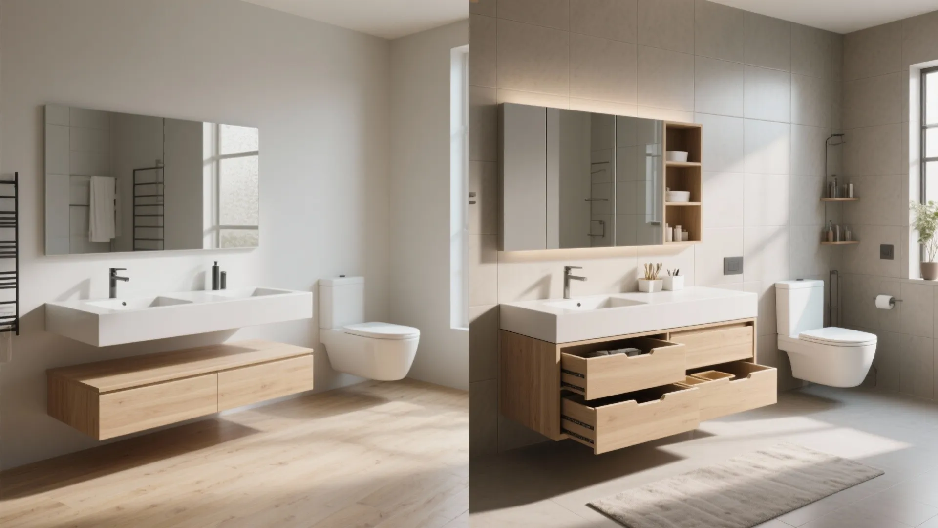 Comparison of two modern bathroom designs featuring white sinks wooden cabinets toilets and lighted mirrors