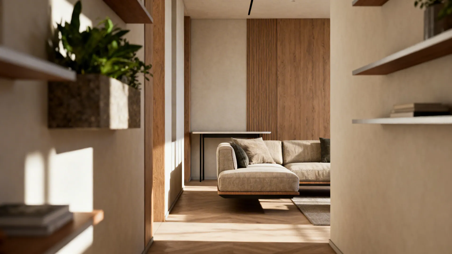 Compact living room with a floated couch and loveseat creating a narrow walkway and layered seating