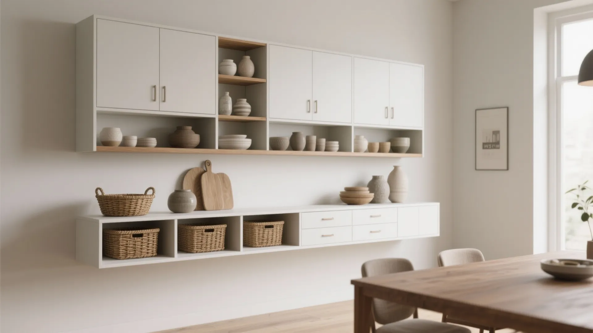 5. Floating wall buffet with open shelving