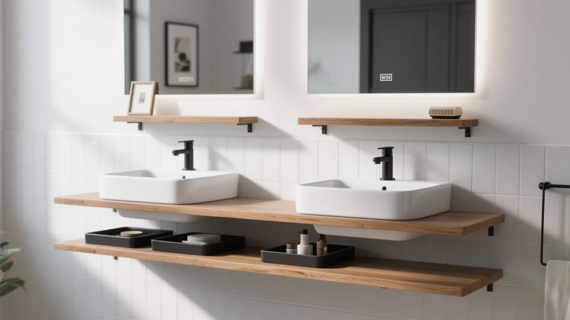 Two floating shelves with hidden brackets above a sink aligned to the mirror’s bottom edge