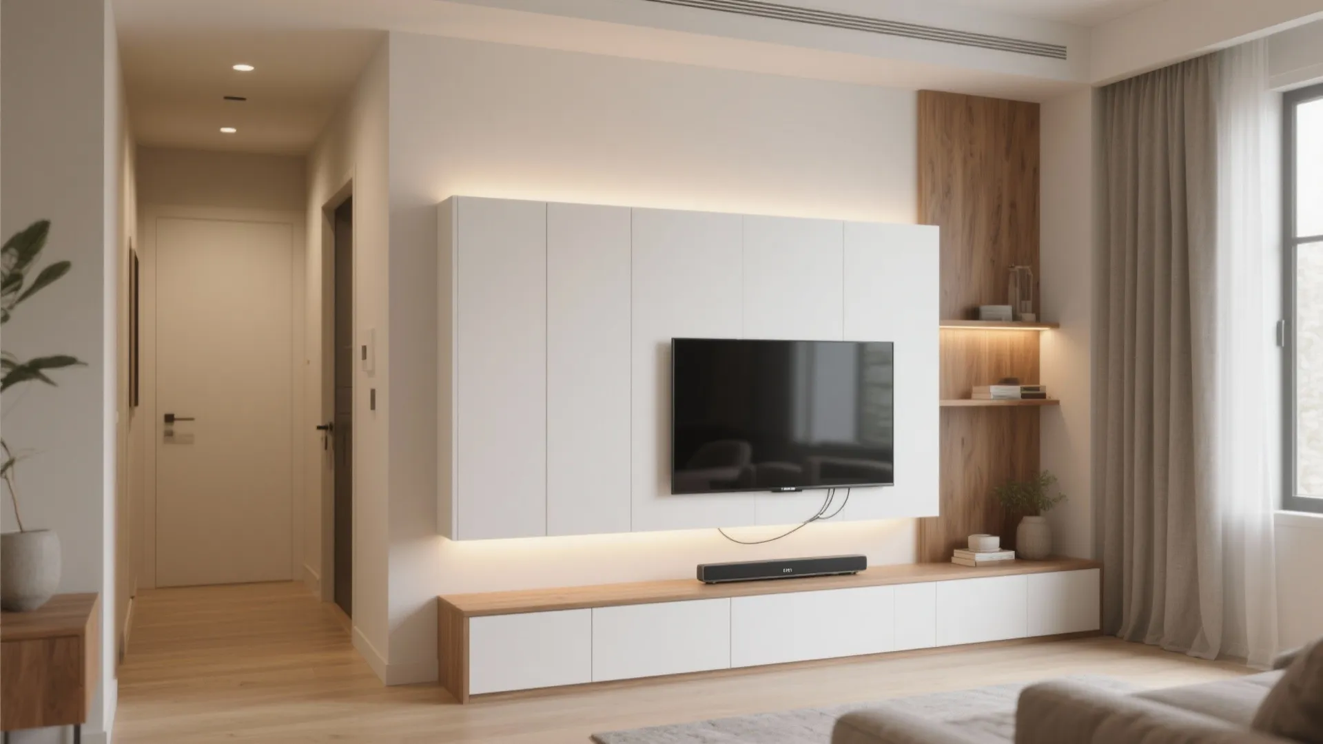 Modern living room with white floating wall cabinet, wooden floor, large television, and warm lighting