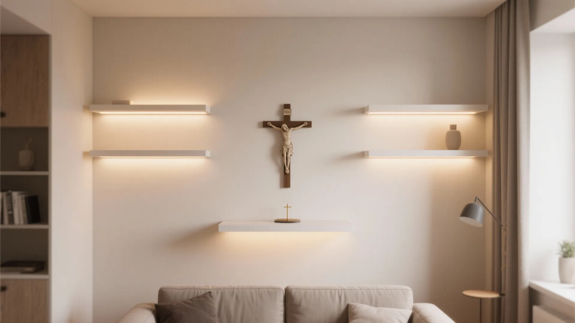Minimalist wall altar with a cross on white floating shelves featuring warm light and simple decor