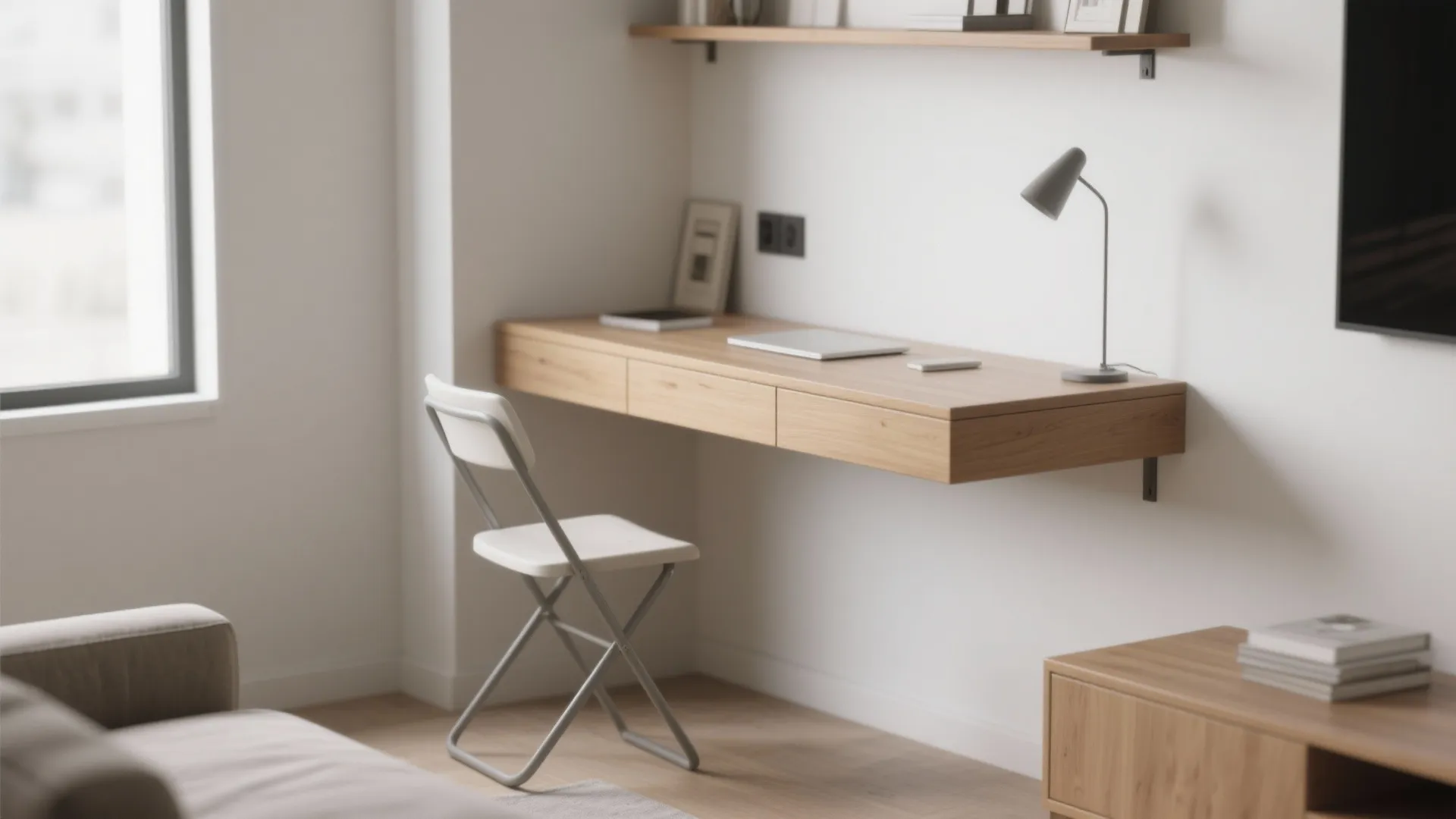 Modern minimalist floating wall desk with wooden drawers white folding chair and grey desk light