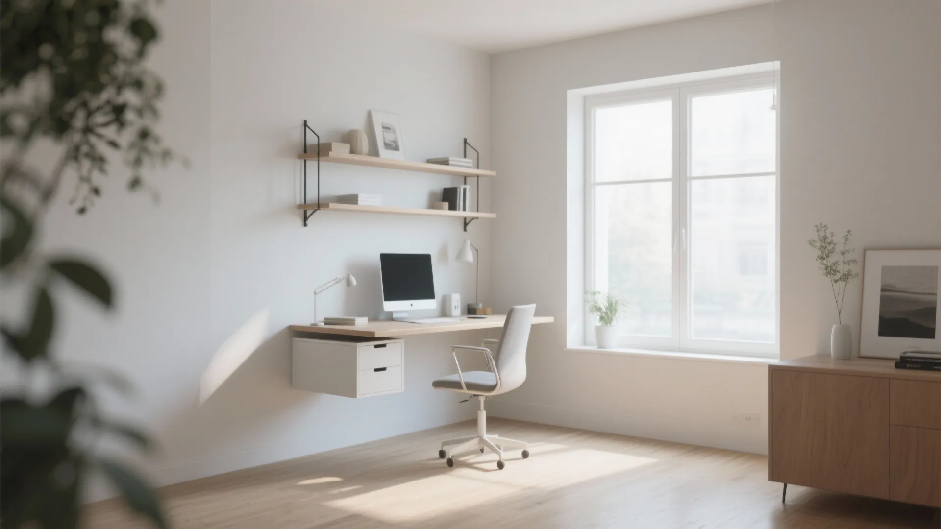 Minimalist floating desk mounted to the wall
