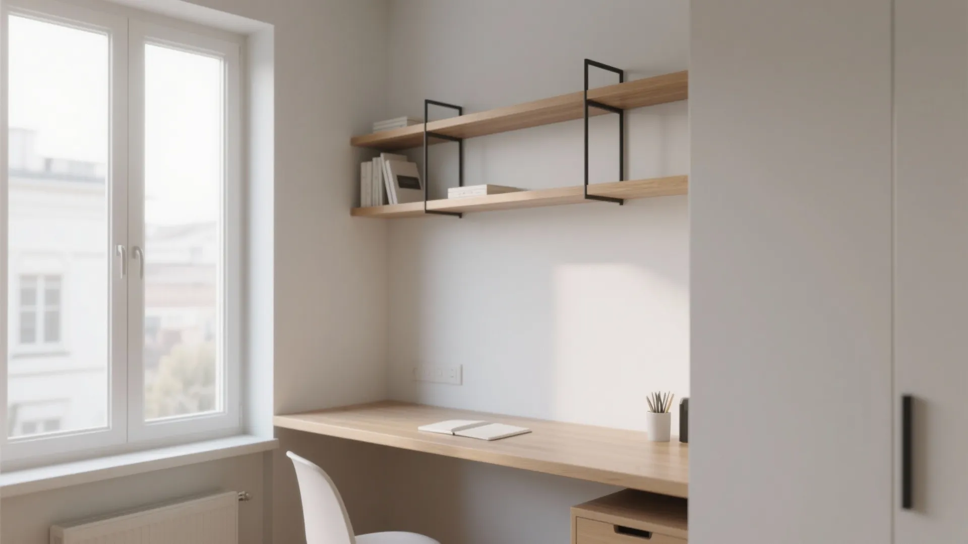 Minimalist wall-mounted desk with shelf in bright small study corner