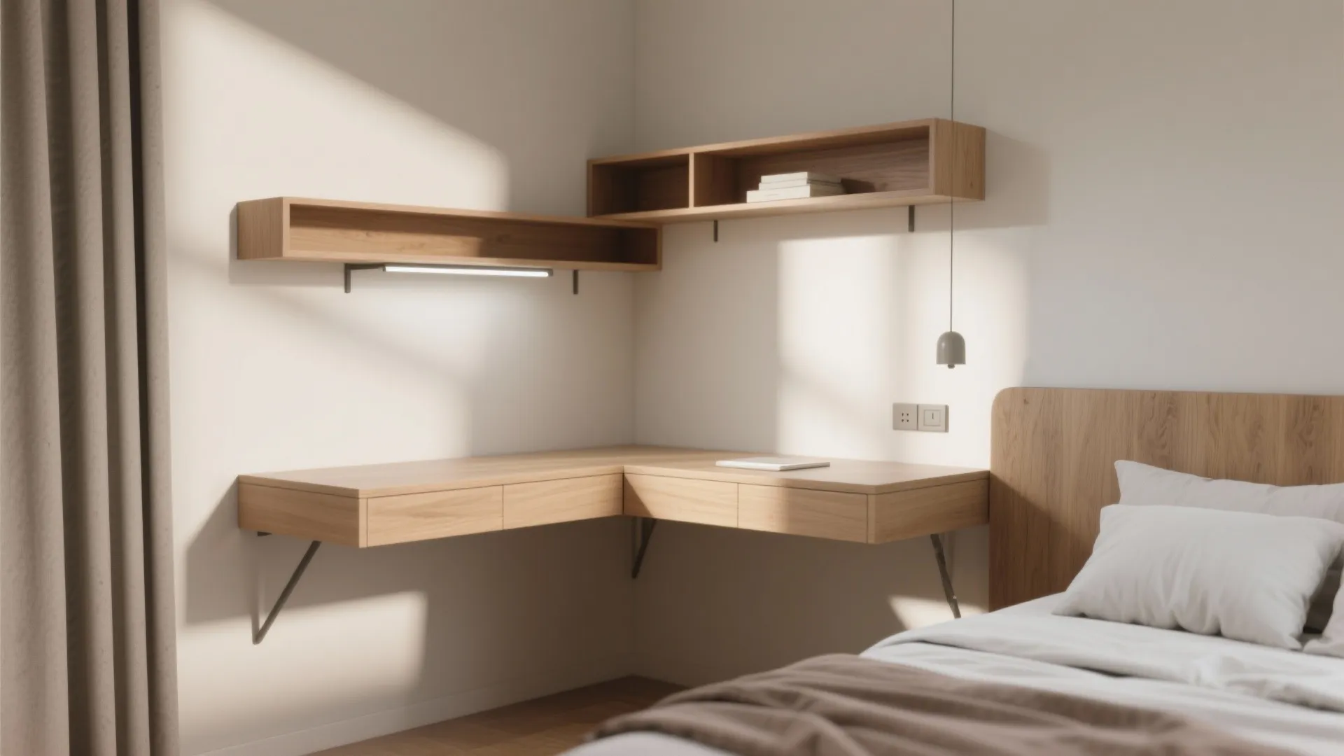 Minimalist corner floating wooden desk with matching wall shelves and small light fixture beside the bed