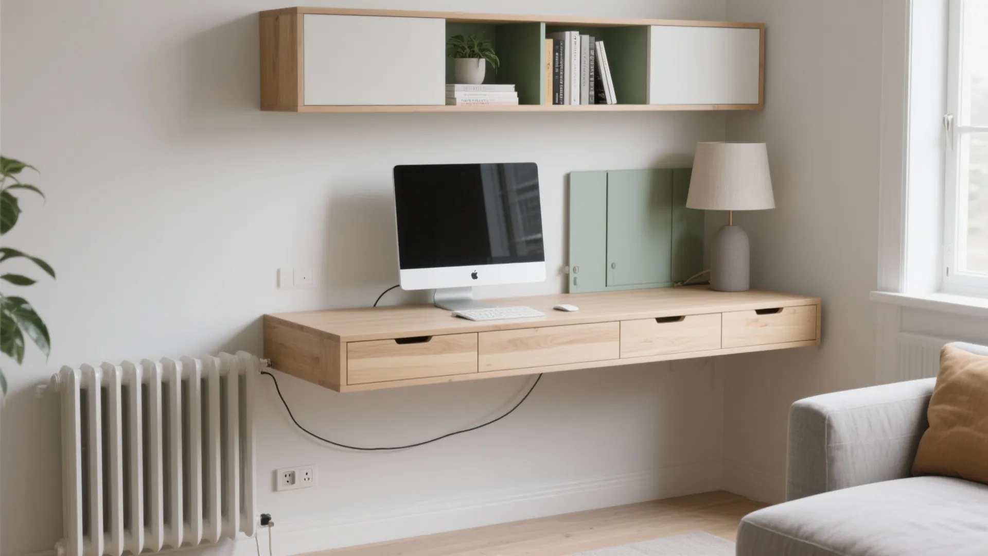 Modern wooden floating desk with drawers, computer, desk lamp, and matching wall shelves in office