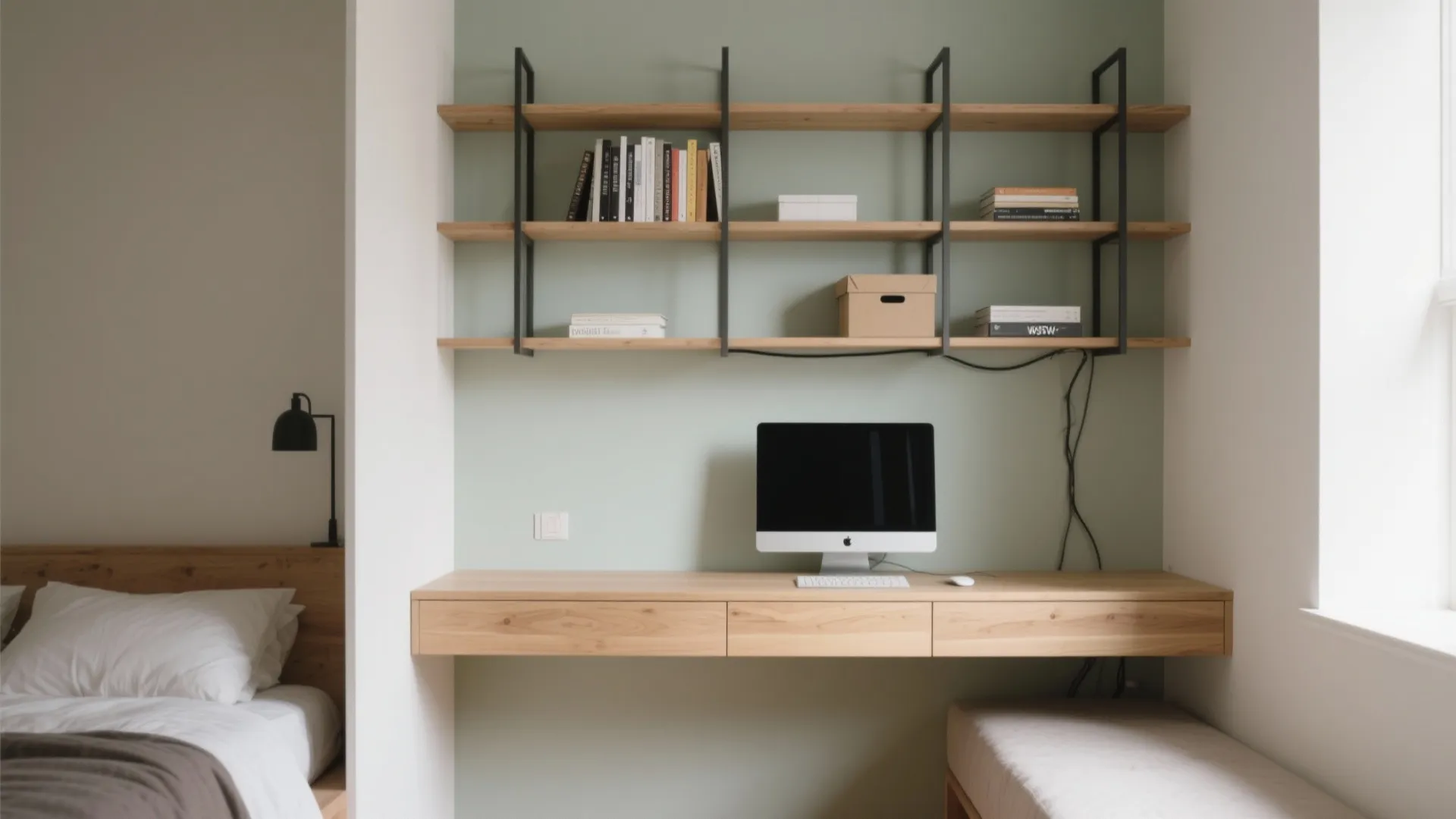 Modern wood floating desk with computer screen and shelves against a light green wall background