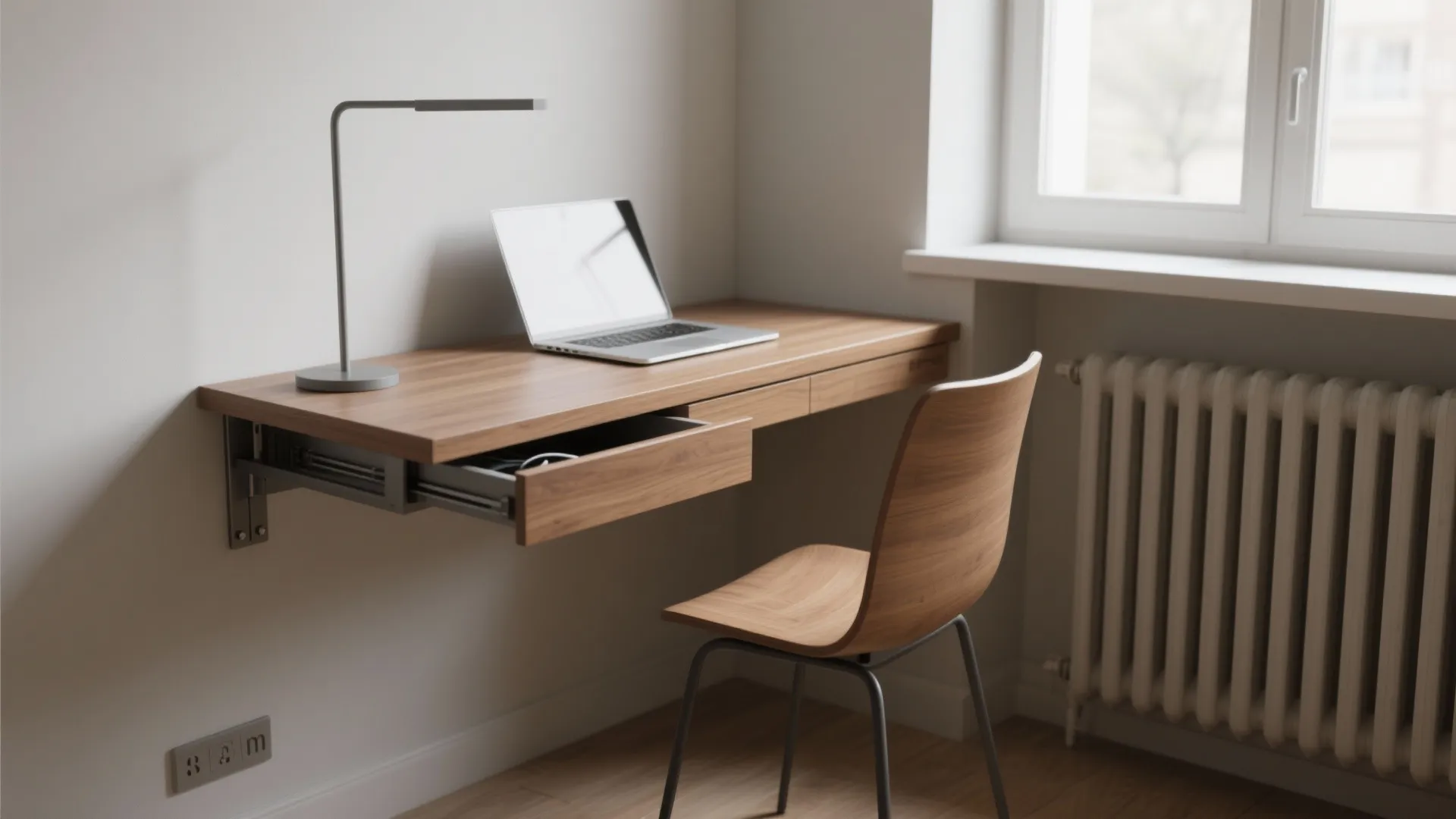 Narrow floating wall-mounted desk between a window and radiator in a tiny studio with a laptop and slim drawer.