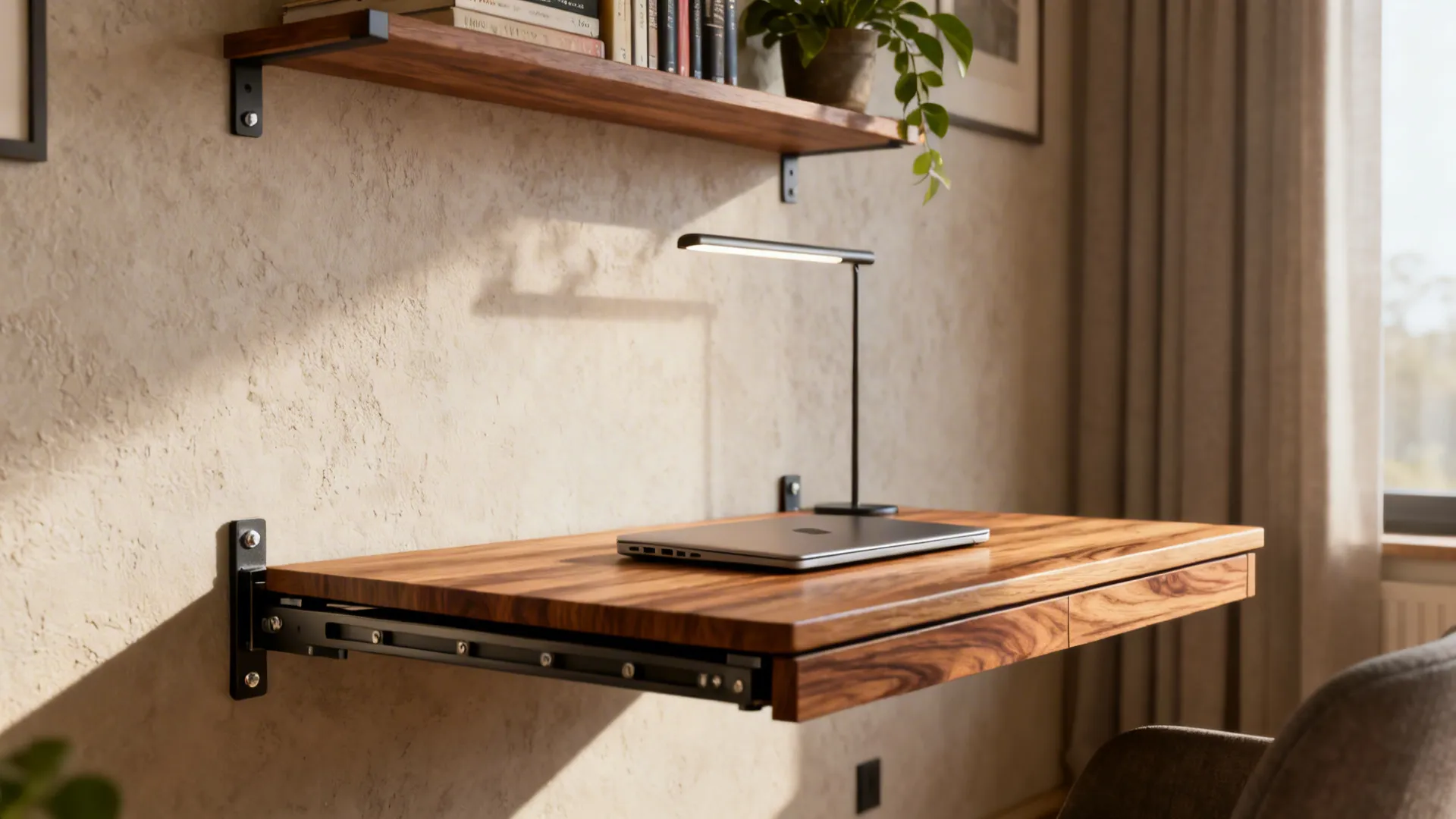 Floating wall desk folded down with a slim shelf above, laptop and lamp in a small living room.