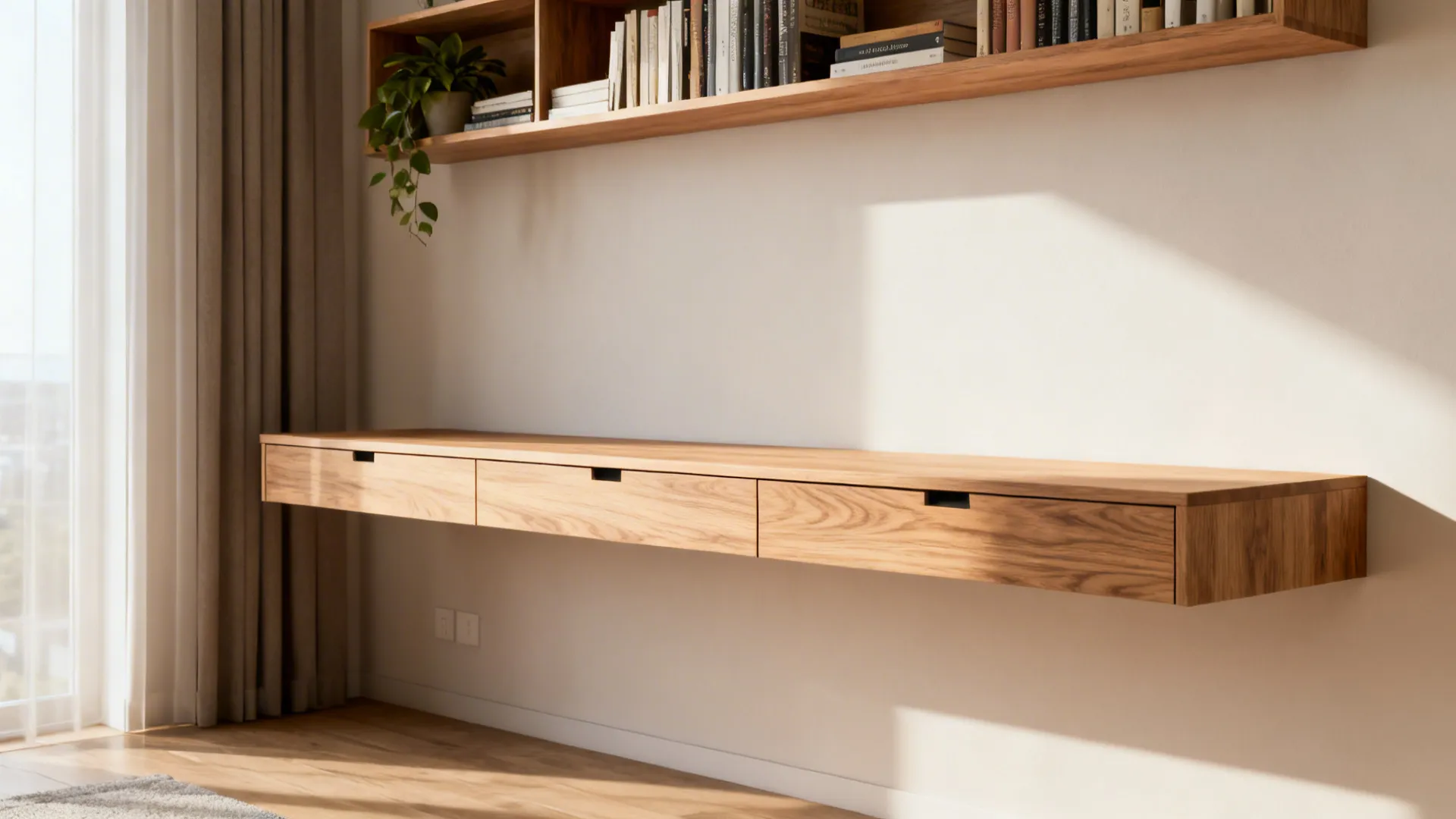 Slim floating wall desk with shelving and plants in a studio living space