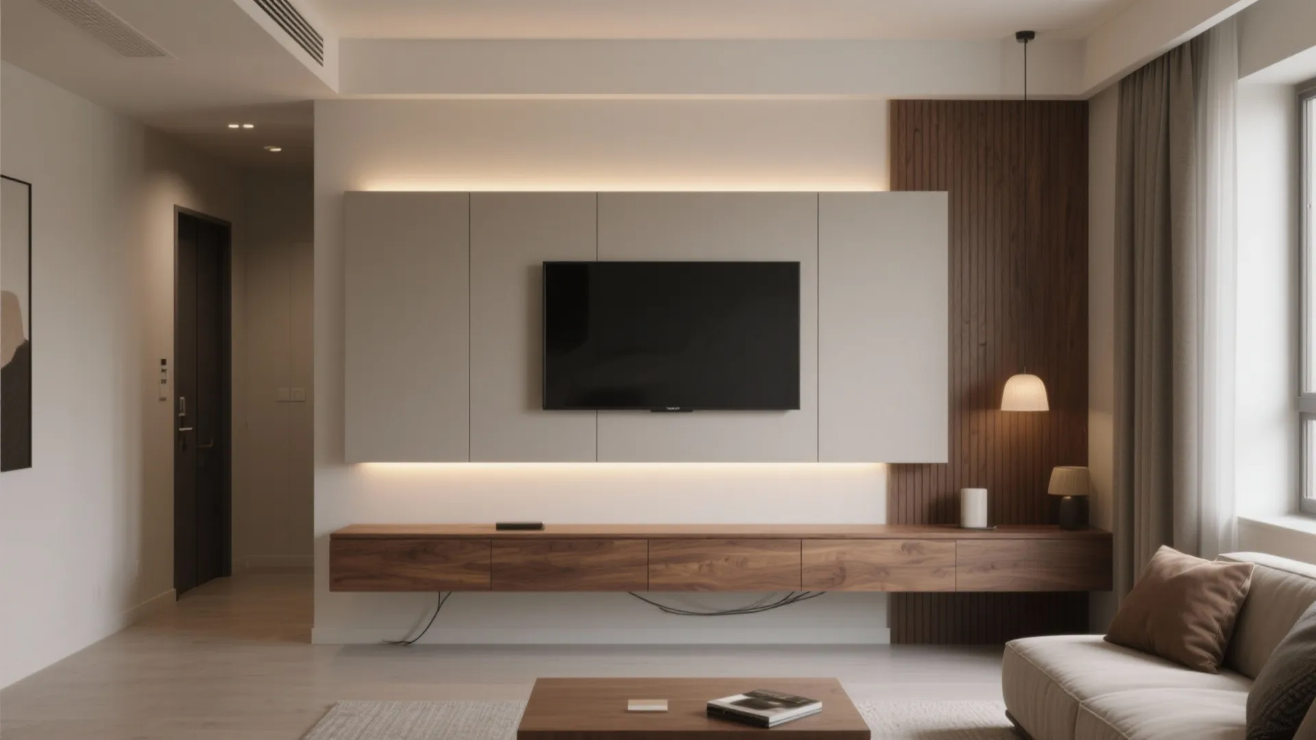 Floating TV wall with concealed storage and warm LED halo in a compact hall.