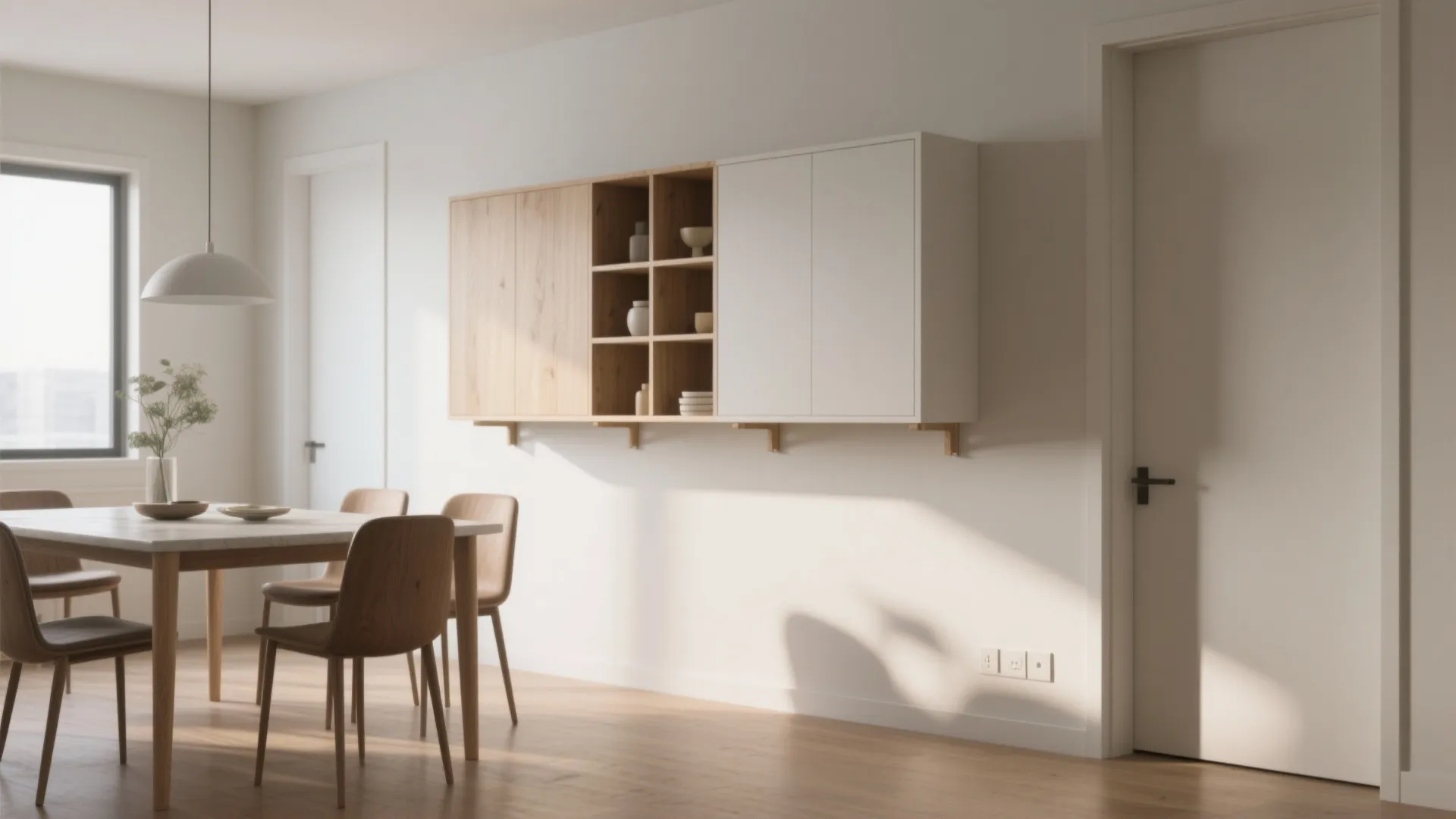 Modern dining room featuring wooden wall cabinet, white chairs, marble table, and large white door