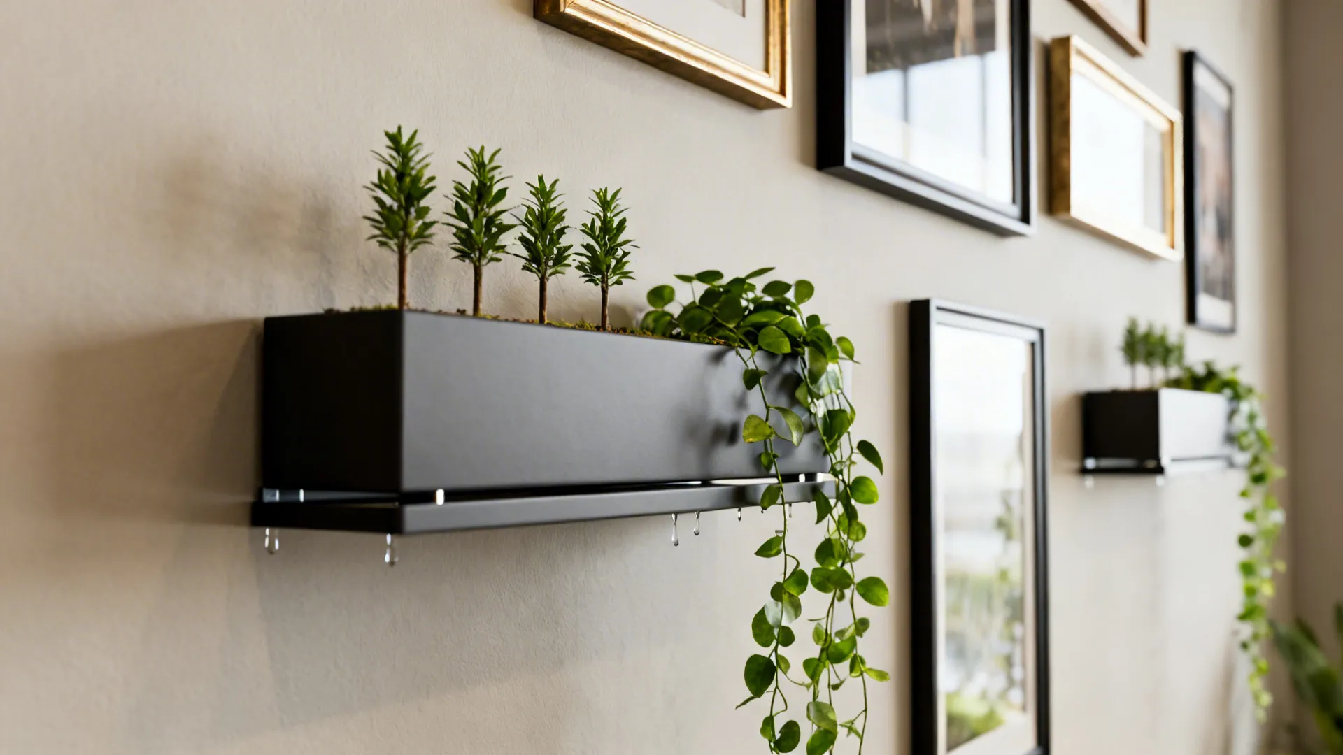 Floating wall planters arranged like art, holding small plants with drip trays on a neutral wall.