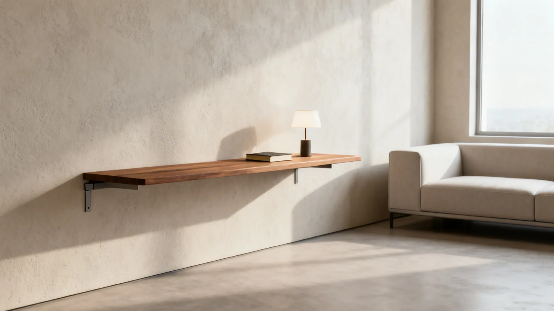 Floating wall-mounted shelf used as a side table beside a sofa in a modern living room.