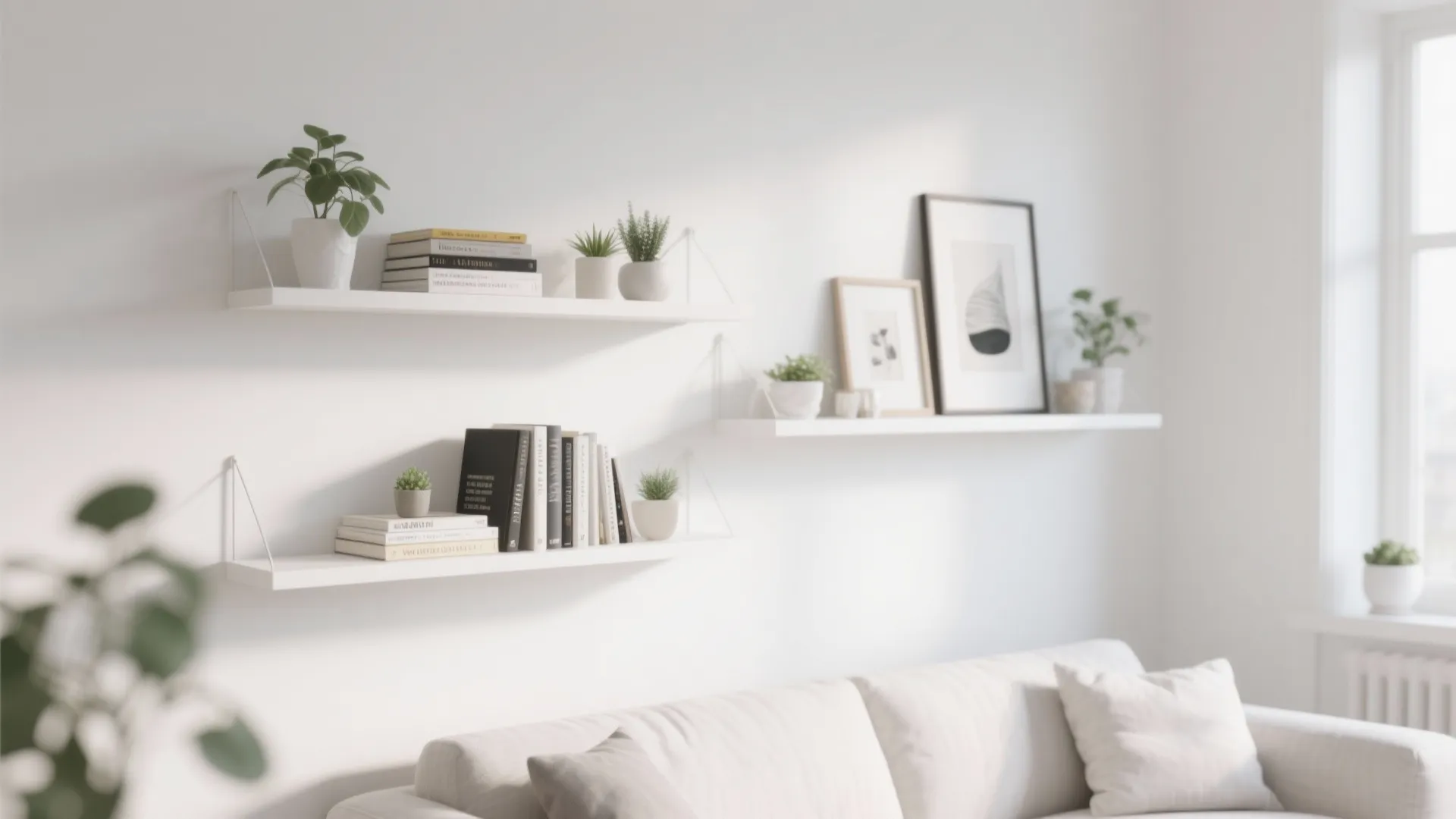 Floating shelves with books and plants on a white wall