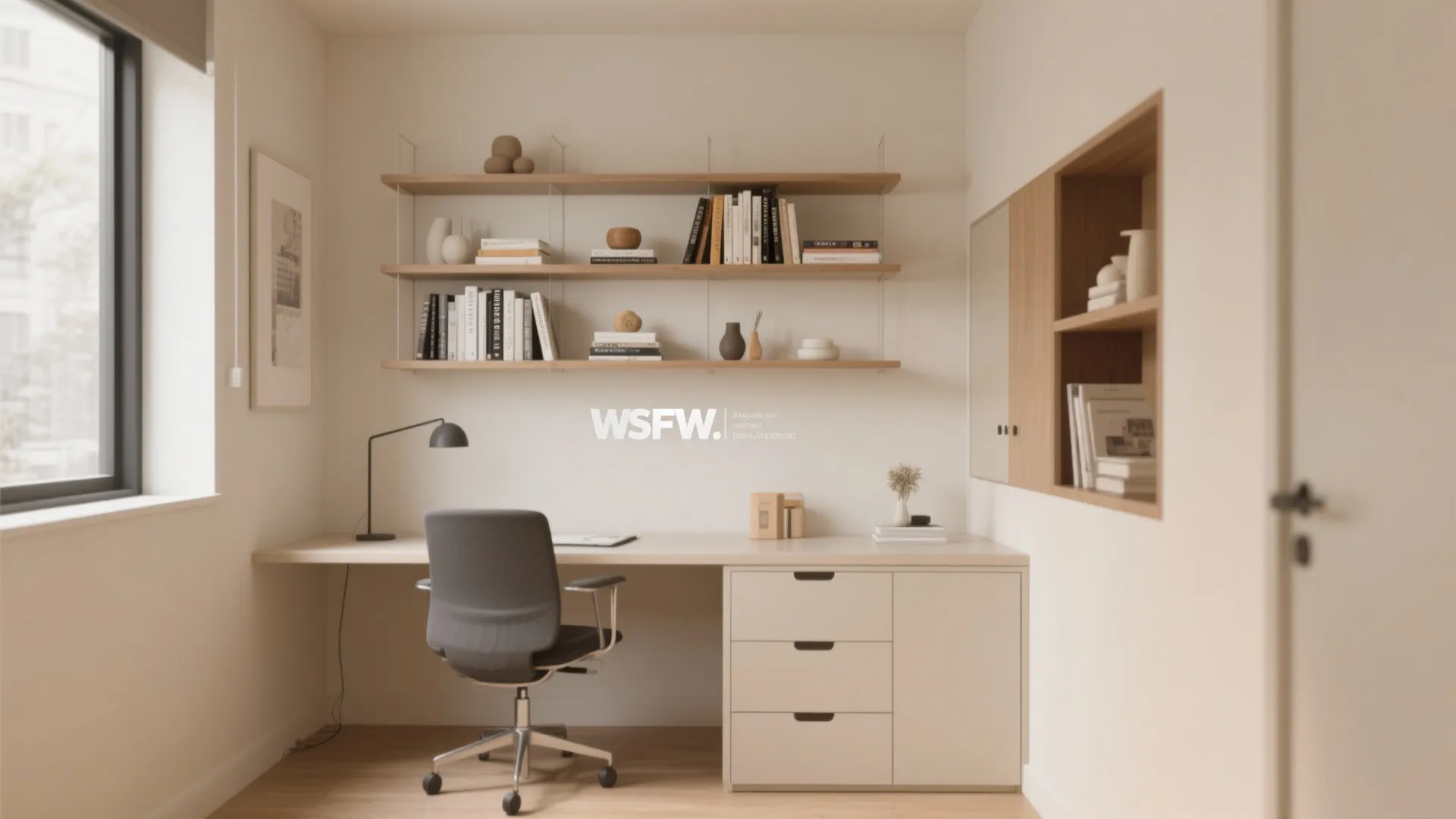 Minimalist home office with floating wooden wall shelves above white desk and black swivel chair
