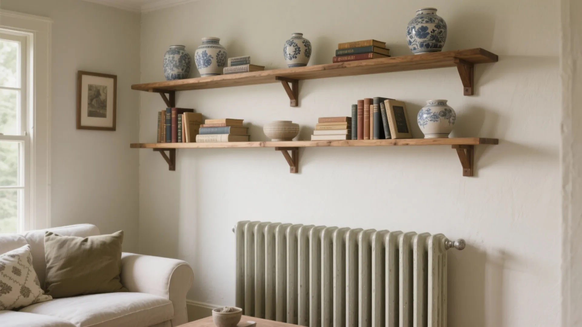 Wooden floating shelves on a white wall with blue vases, books, and a radiator below