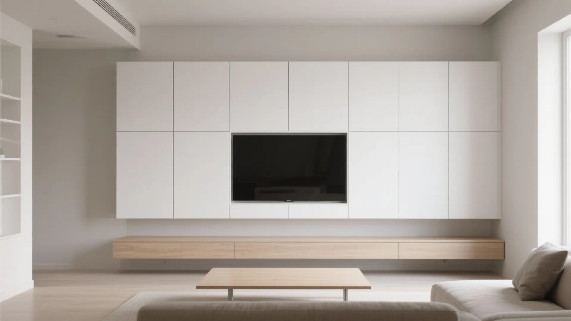 Modern living room featuring white wall cabinets around a television with a wooden floor unit