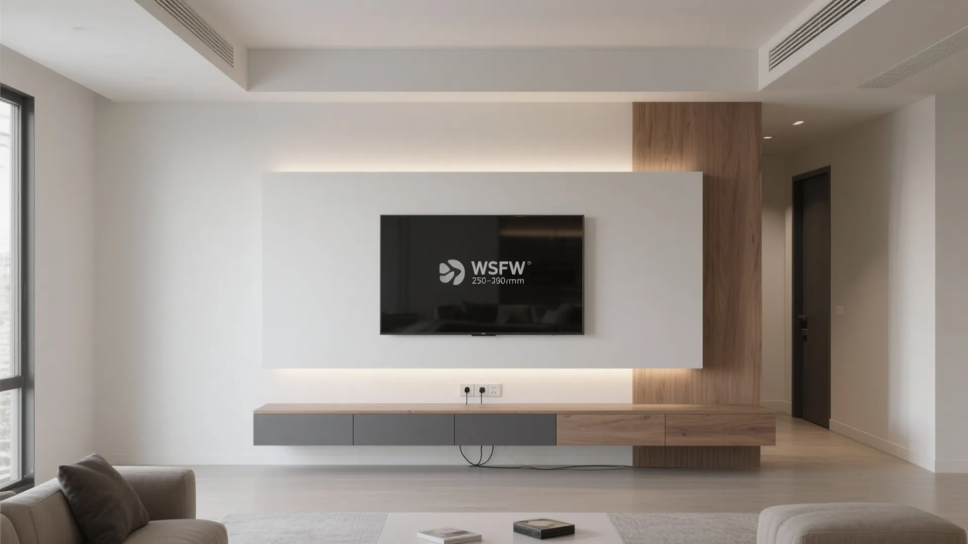 Bright interior design with floating white television panel over grey and wood wall mounted cabinet