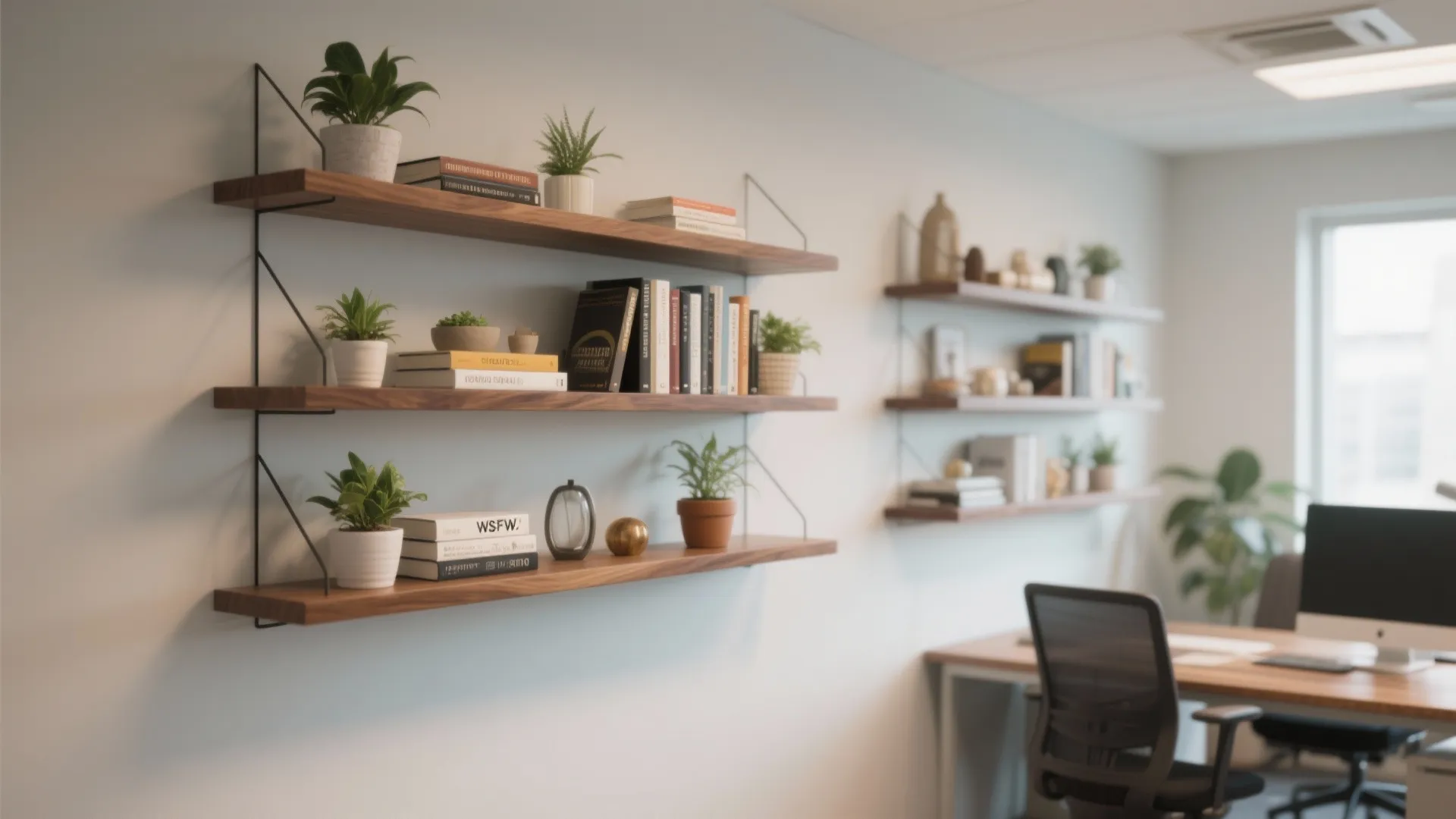 Three wooden wall shelves holding green potted plants and books in a modern office space