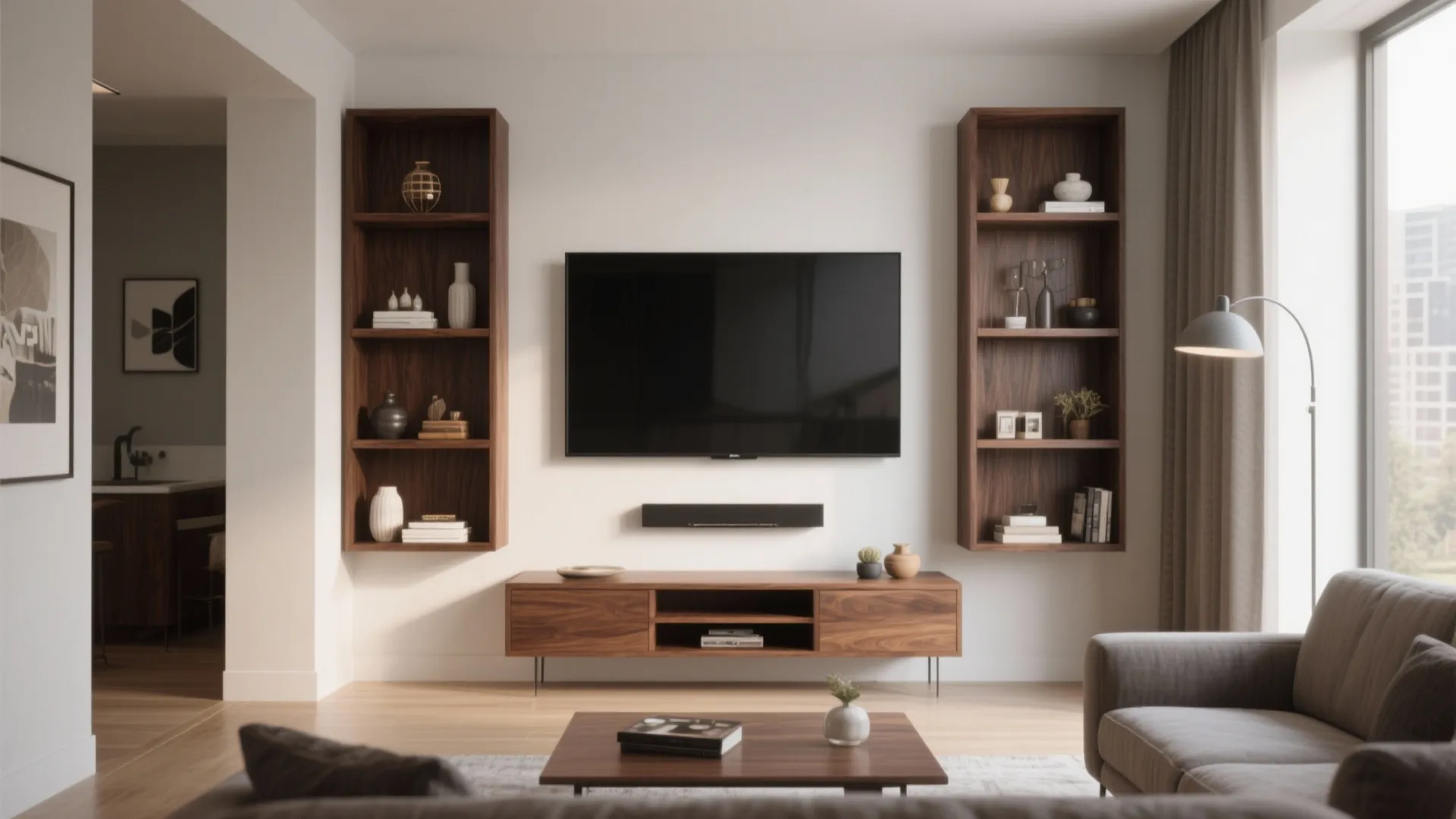 Modern living room featuring a wall mounted television with walnut floating shelves and a cabinet