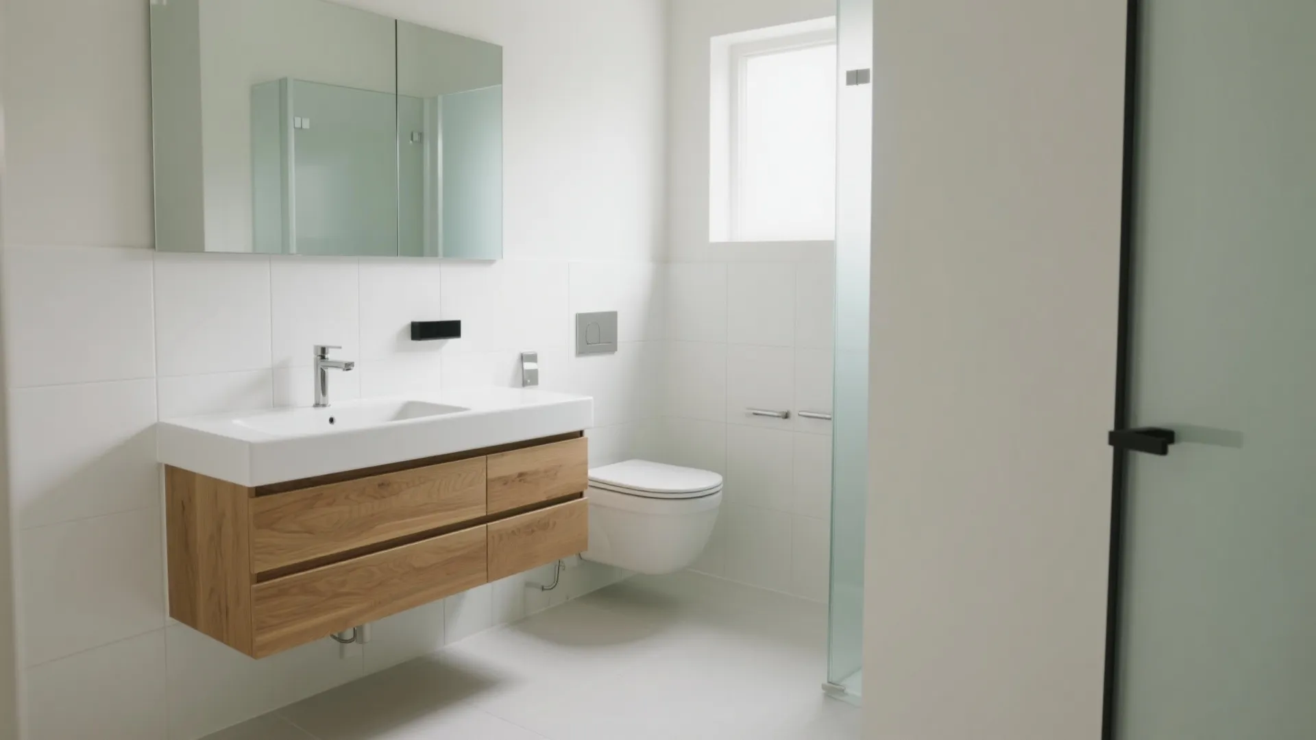 Modern white bathroom with floating wooden cabinet sink wall hung toilet and large wall mirror