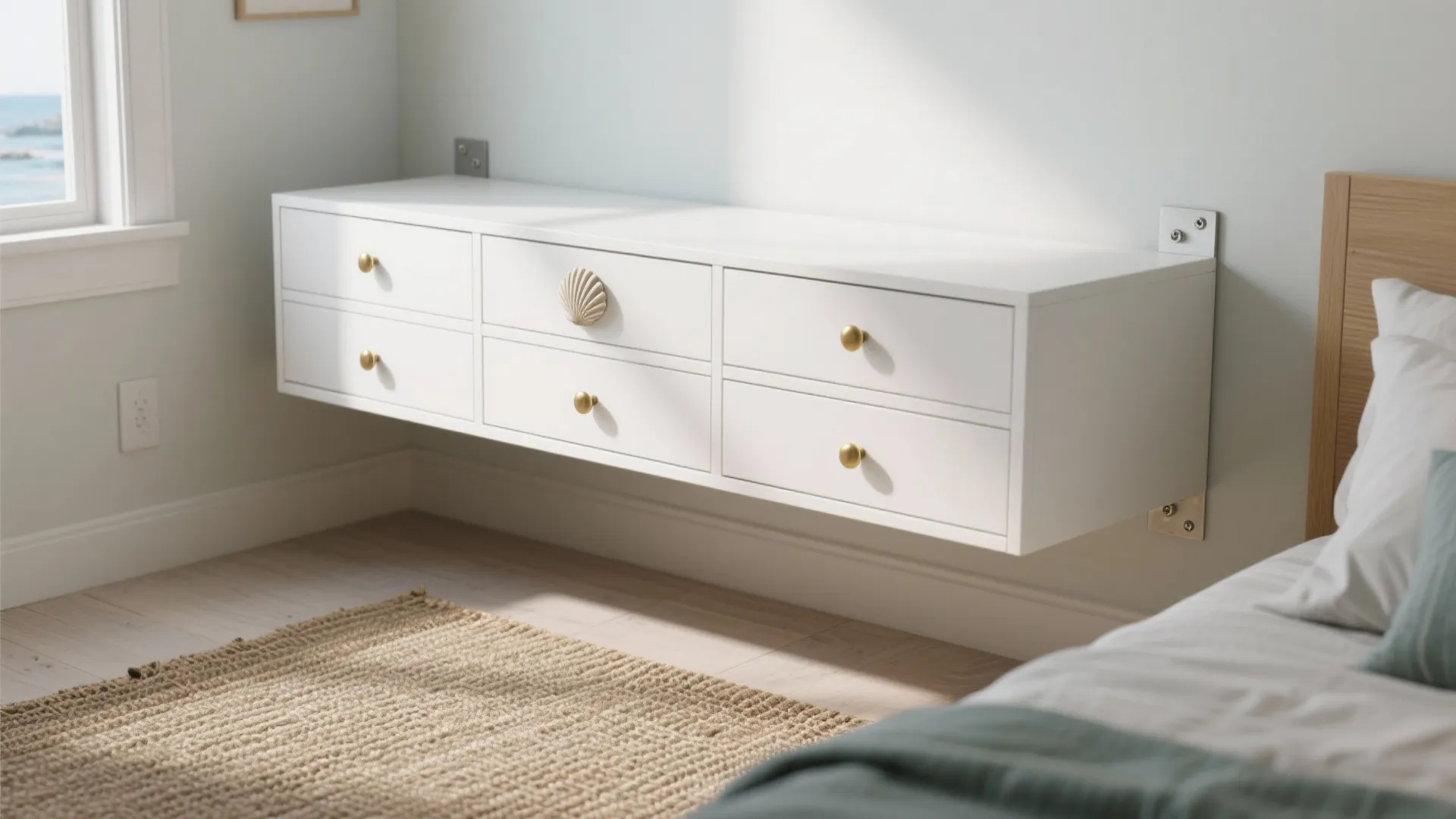 4. Floating white dressers to enhance floor space