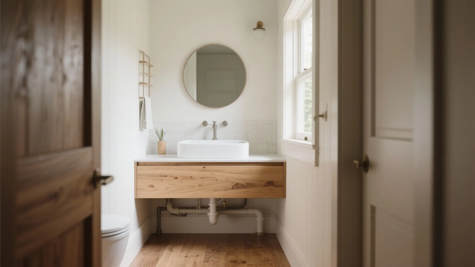 Modern bathroom with floating wood cabinet white sink round wall mirror and natural wood floor