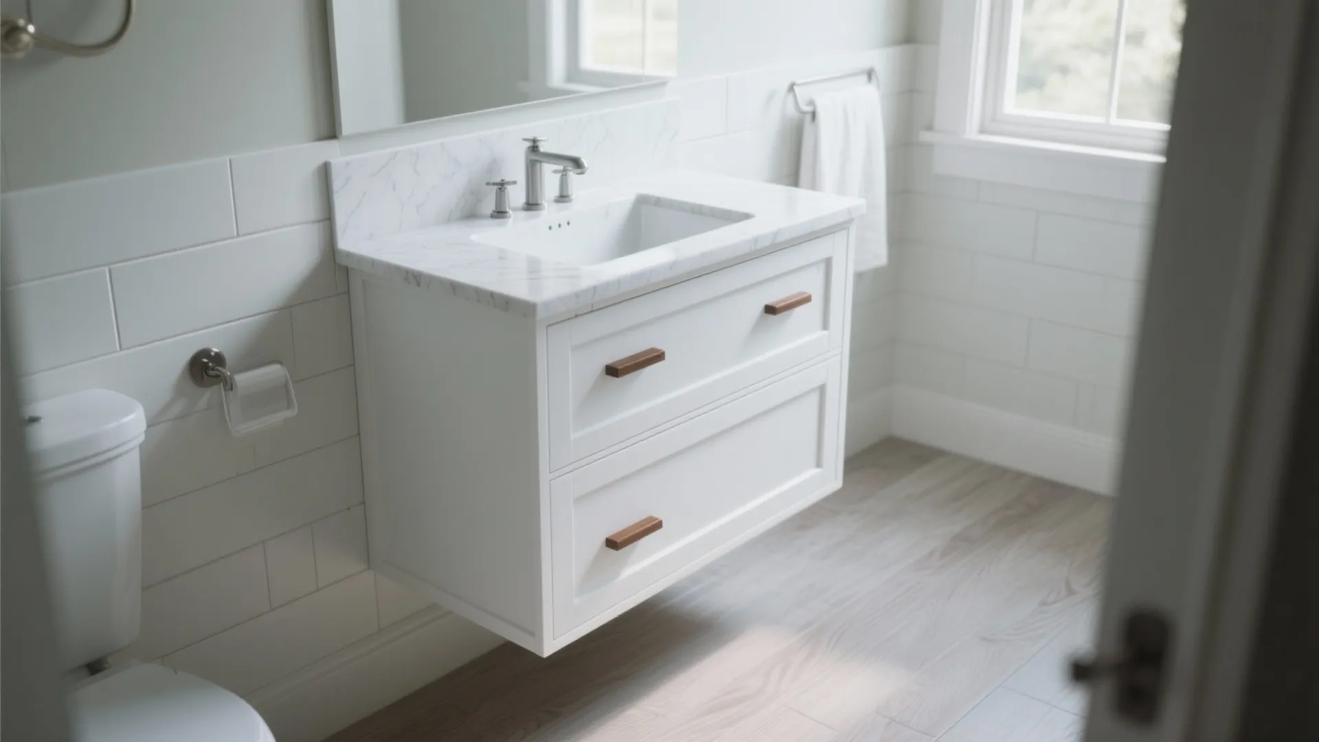1. Floating white shaker vanity for a lighter feel