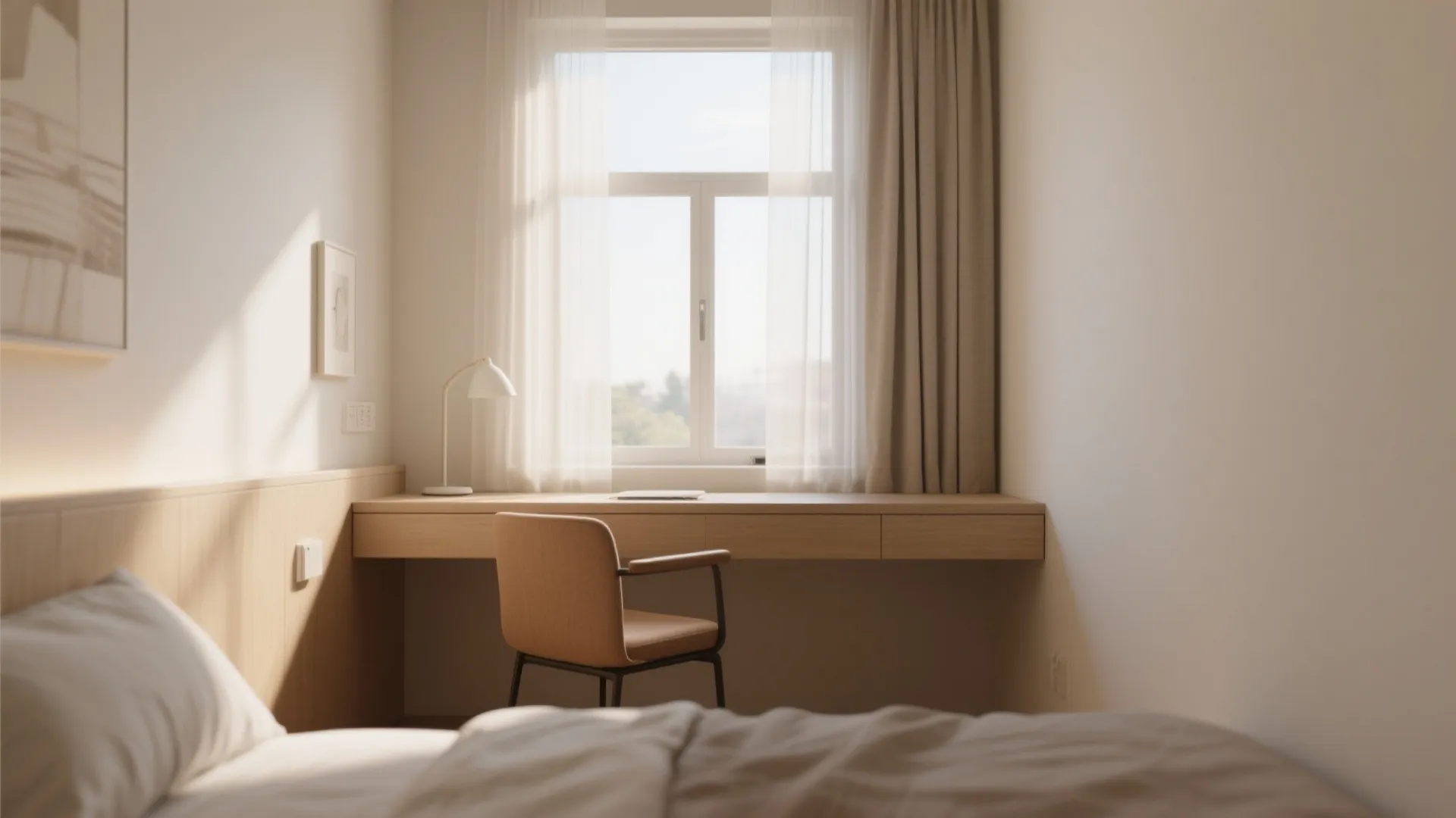 Minimalist wooden desk built under a window with a brown chair and light colored curtain
