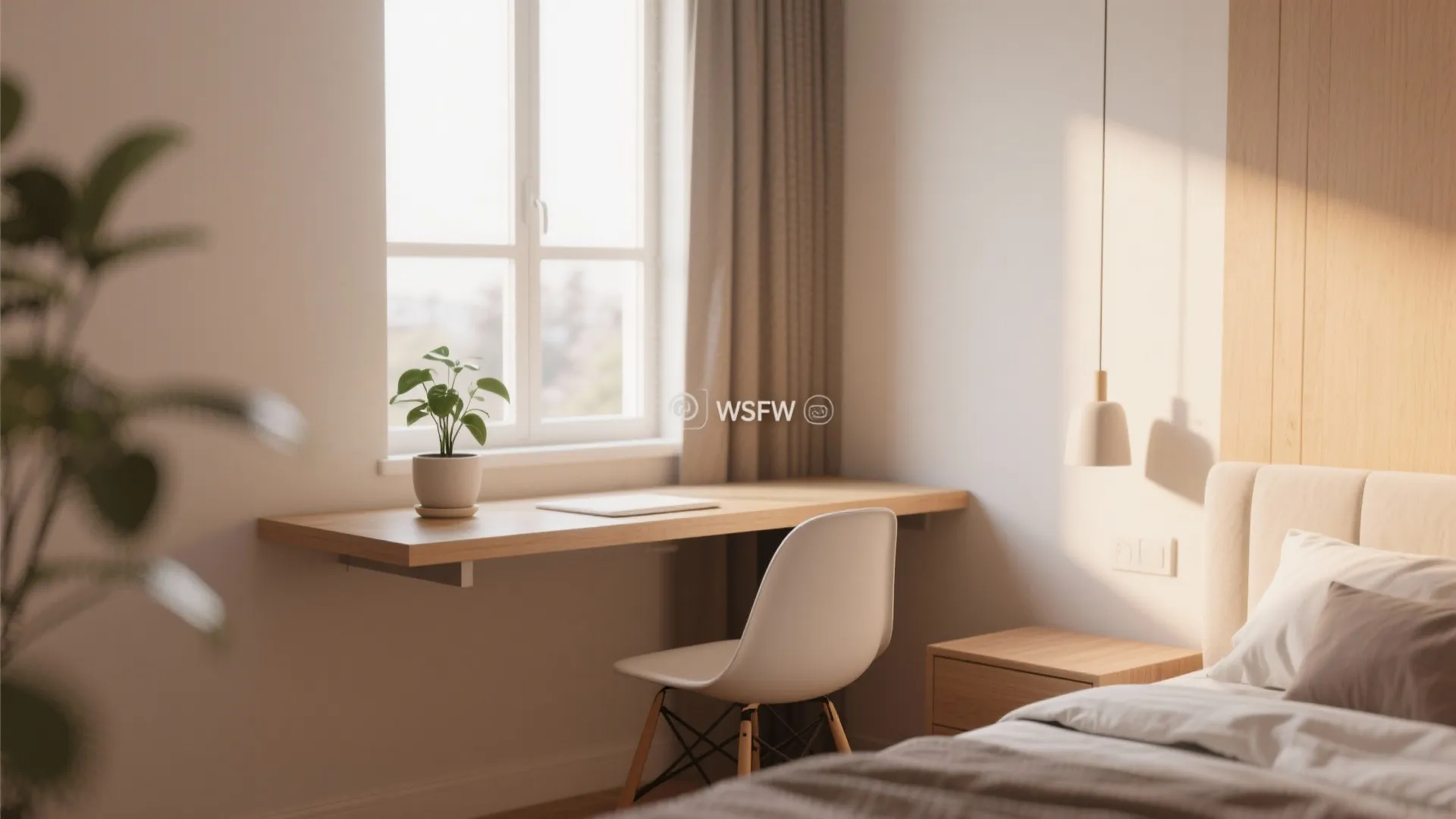 Minimalist bedroom workspace with floating wooden desk white chair potted plant window and hanging light