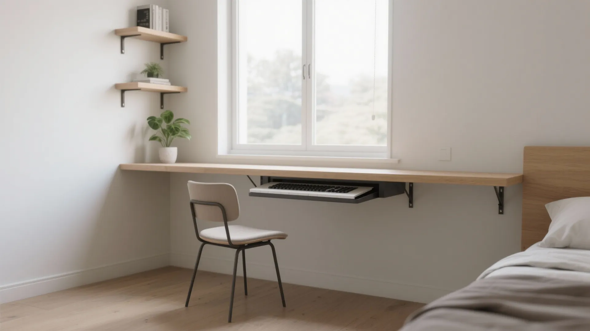 Long wood desk fixed under window with chair and small wall shelves in bright room