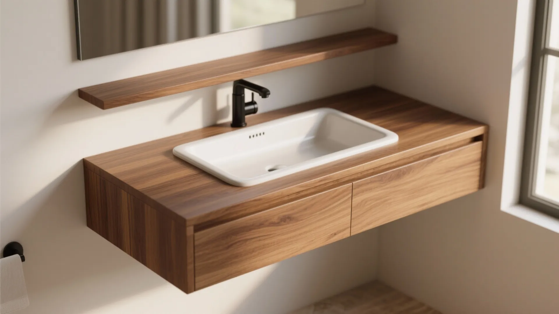 Modern floating wood bathroom cabinet with white rectangular sink and black faucet on a white wall