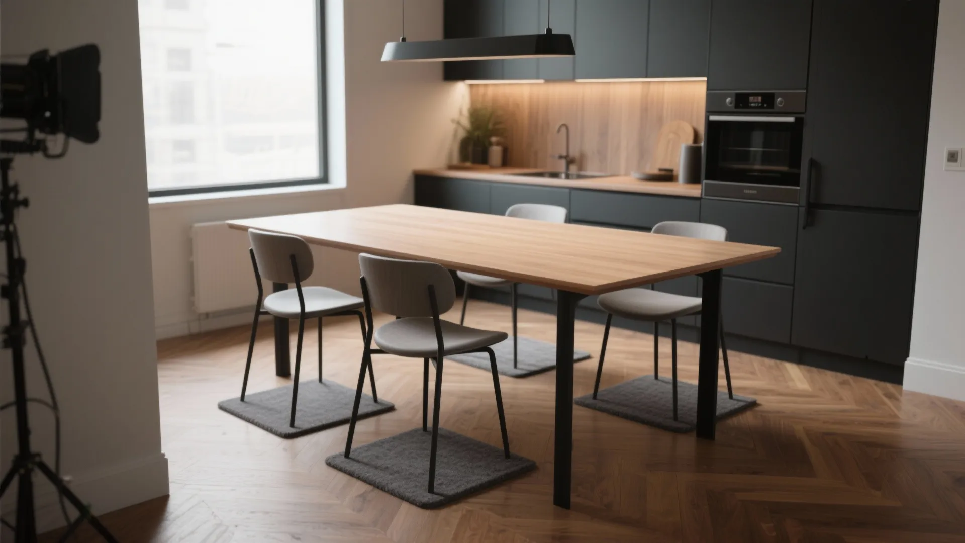 1. Floating light wood top + dark painted legs