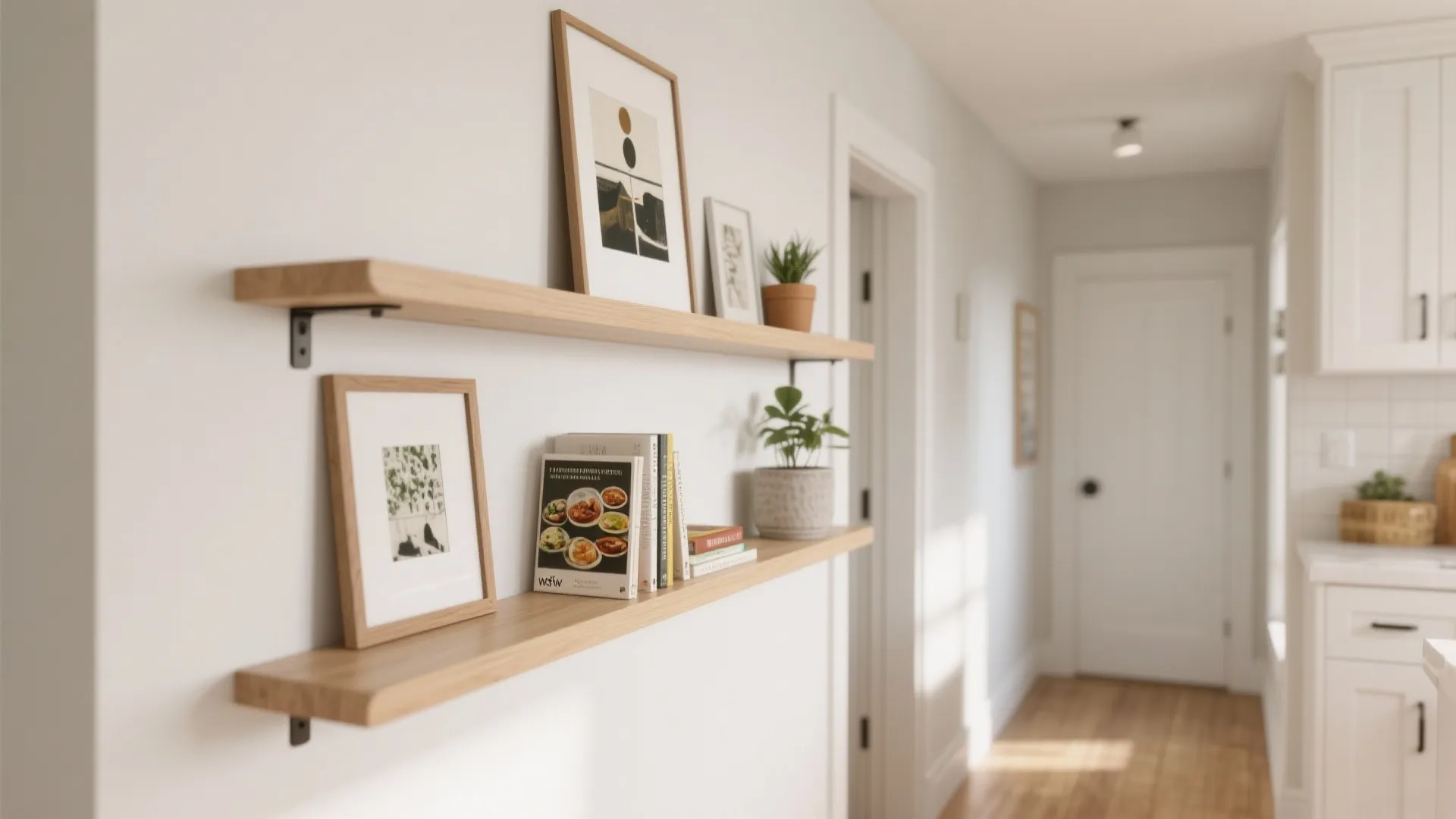 2) Floating Wood Ledges That Double as Art Rails