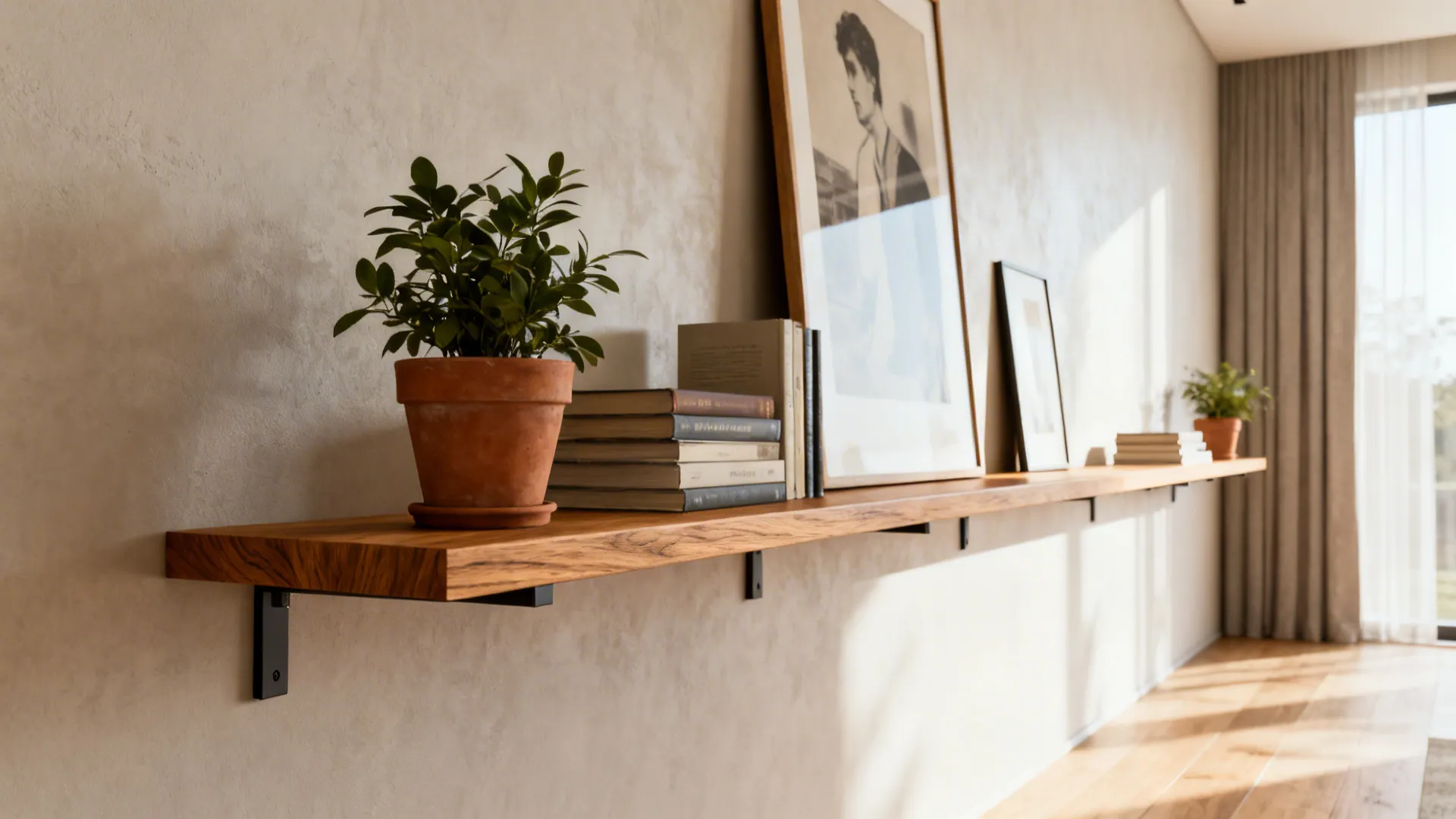Floating wooden shelf on a textured wall holding books, potted plants, and framed art pieces