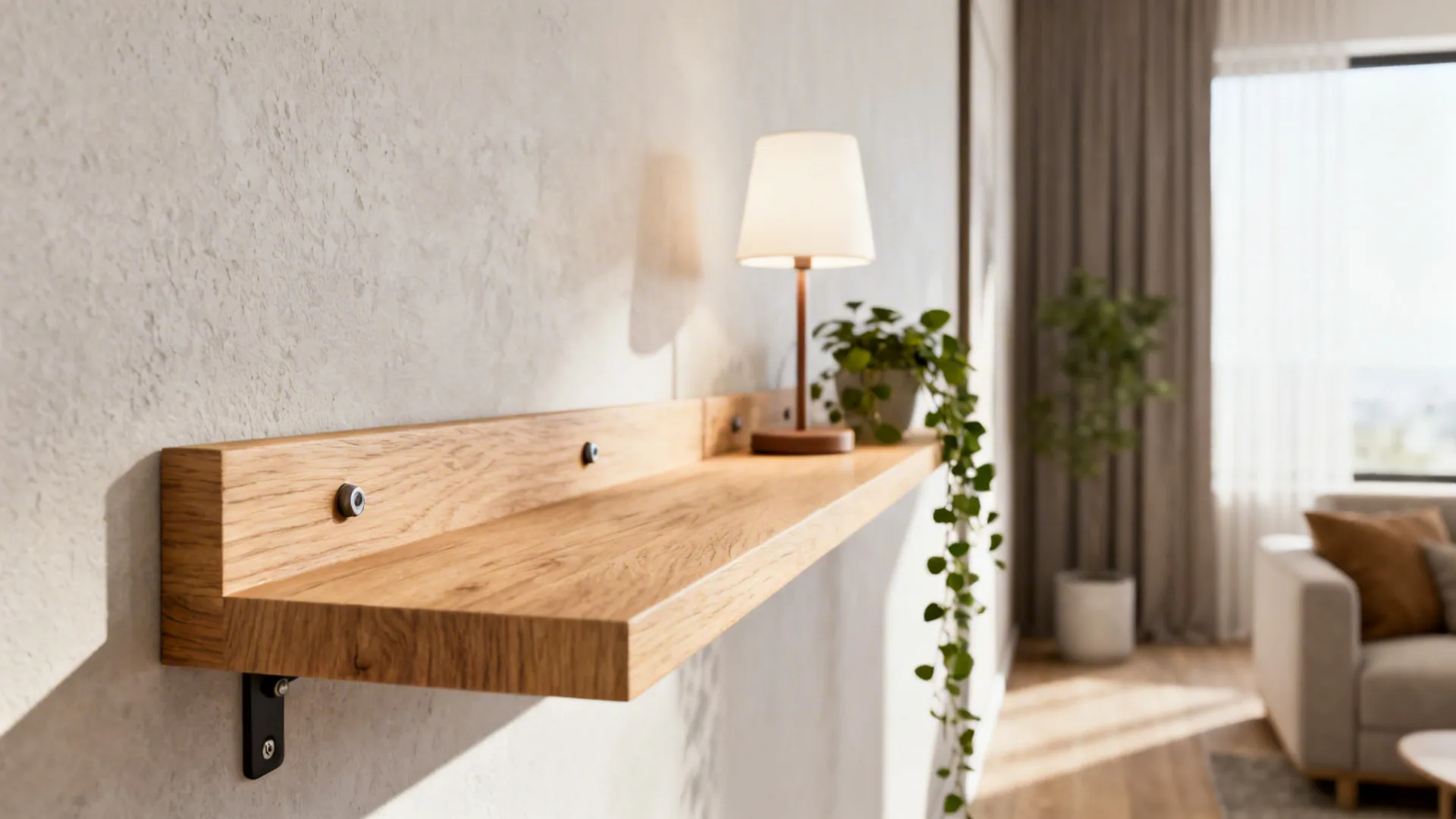 Wooden wall shelf holding a small table lamp and green plant in a bright room