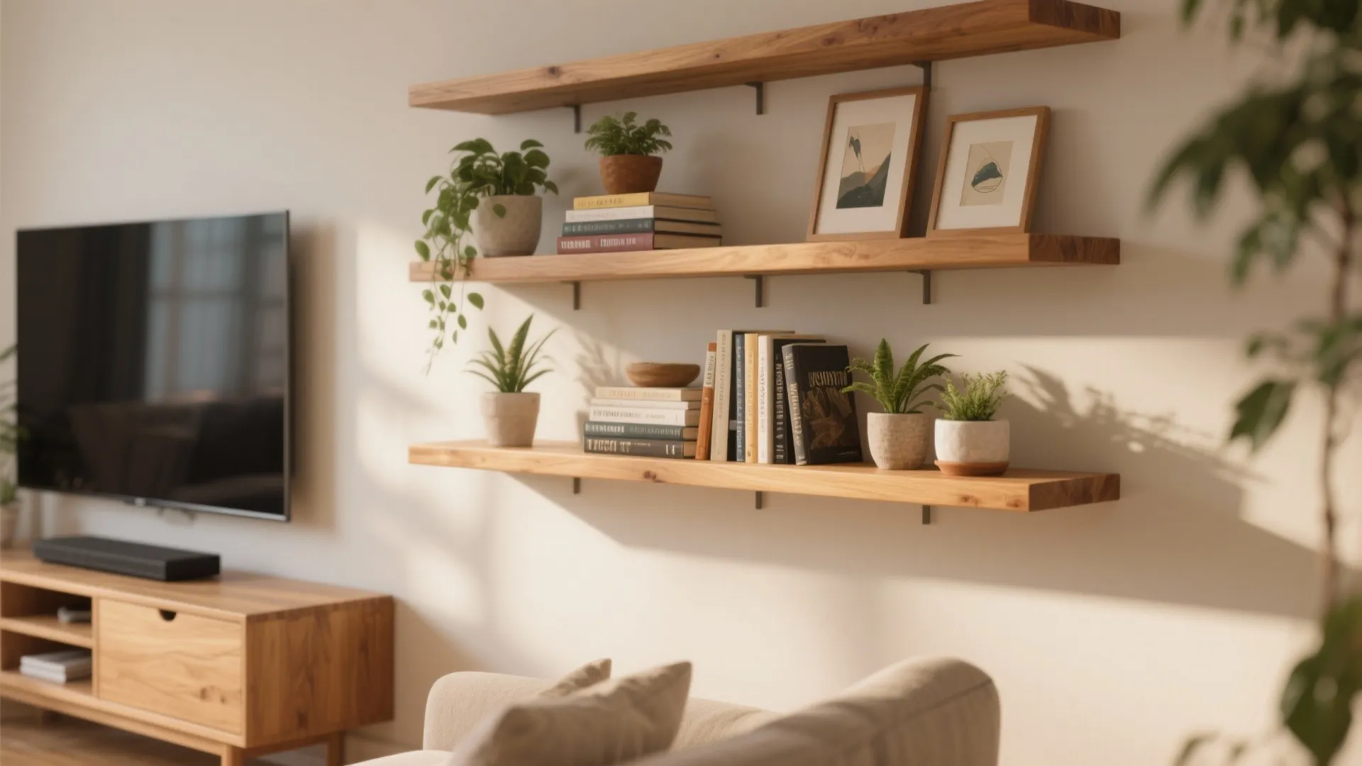 Floating oak shelves above TV unit with books and plants