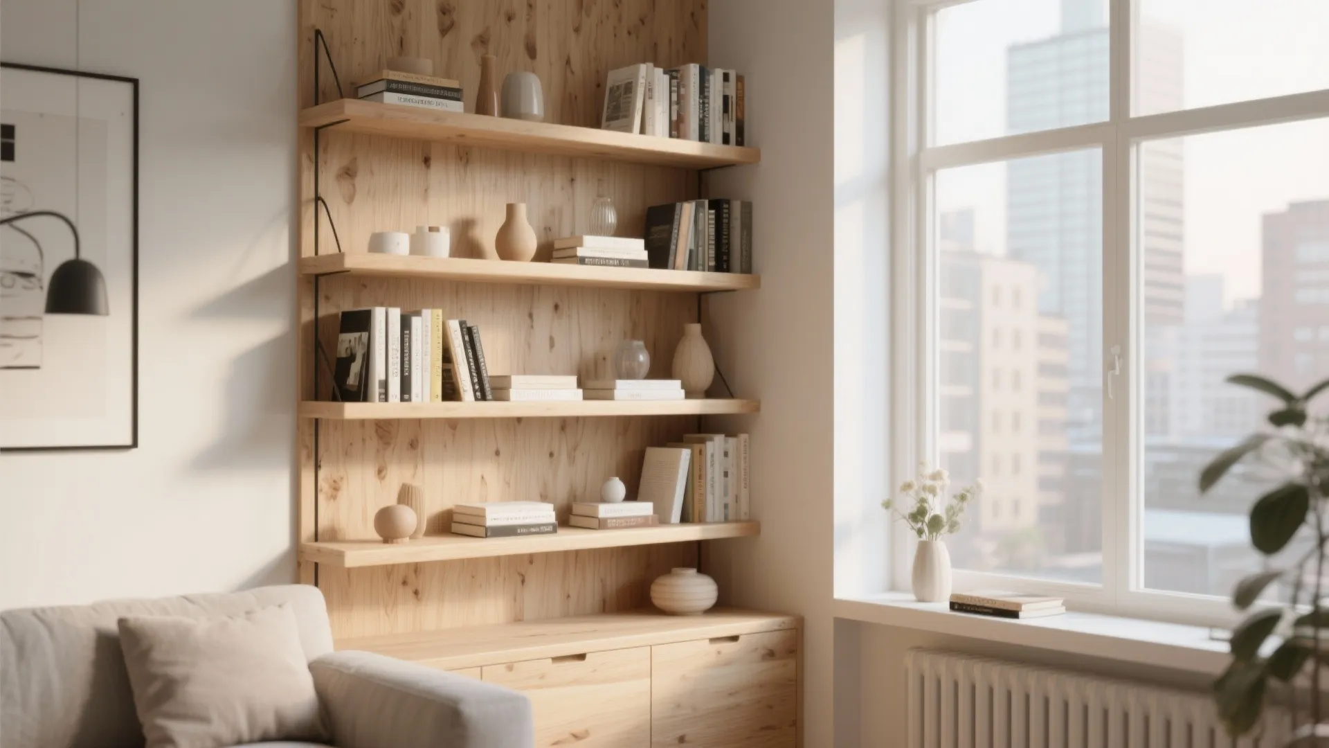 Modern wood wall shelves holding books and vases next to a bright window with sunlight