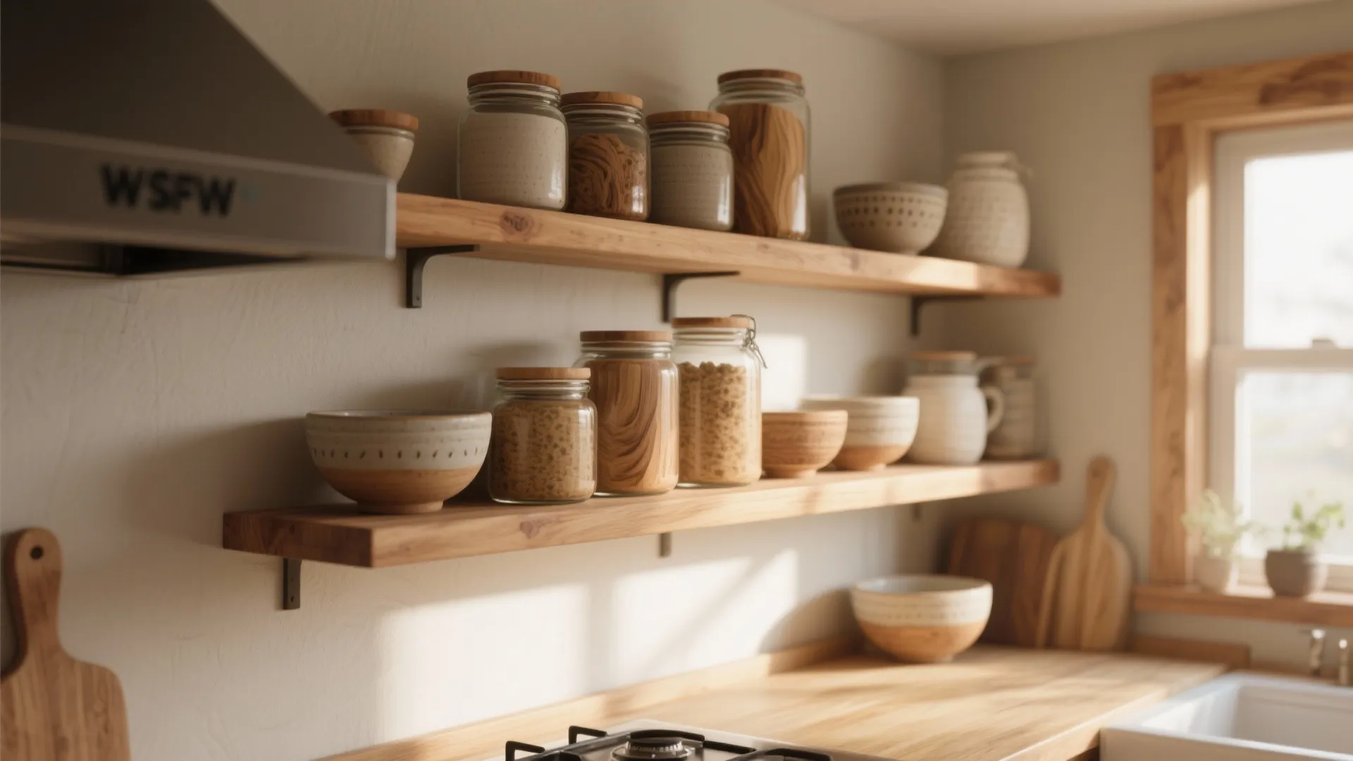 Wooden floating shelves in a kitchen holding glass jars and ceramic bowls near a window