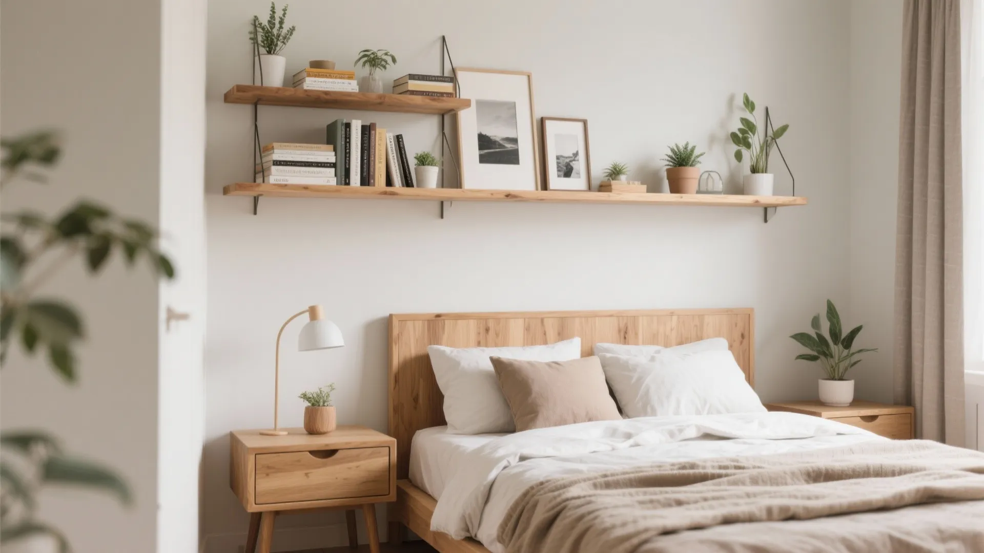 Modern bedroom featuring wooden bed frame bedside table lamp wall shelves with books and small plants